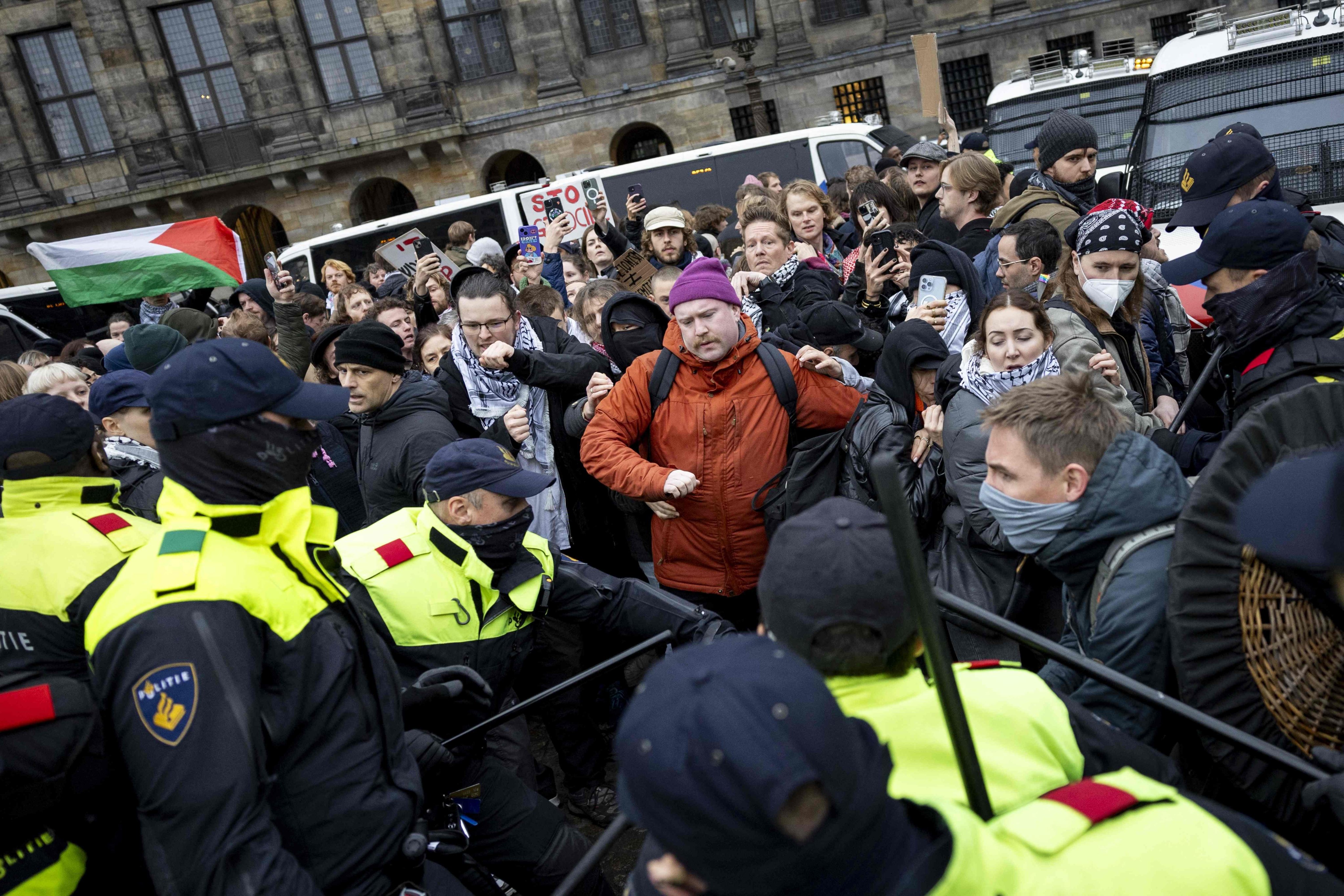 Protesters take part in a Pro-Palestinian demonstration on Dam Square in Amsterdam on Sunday. Photo: AFP