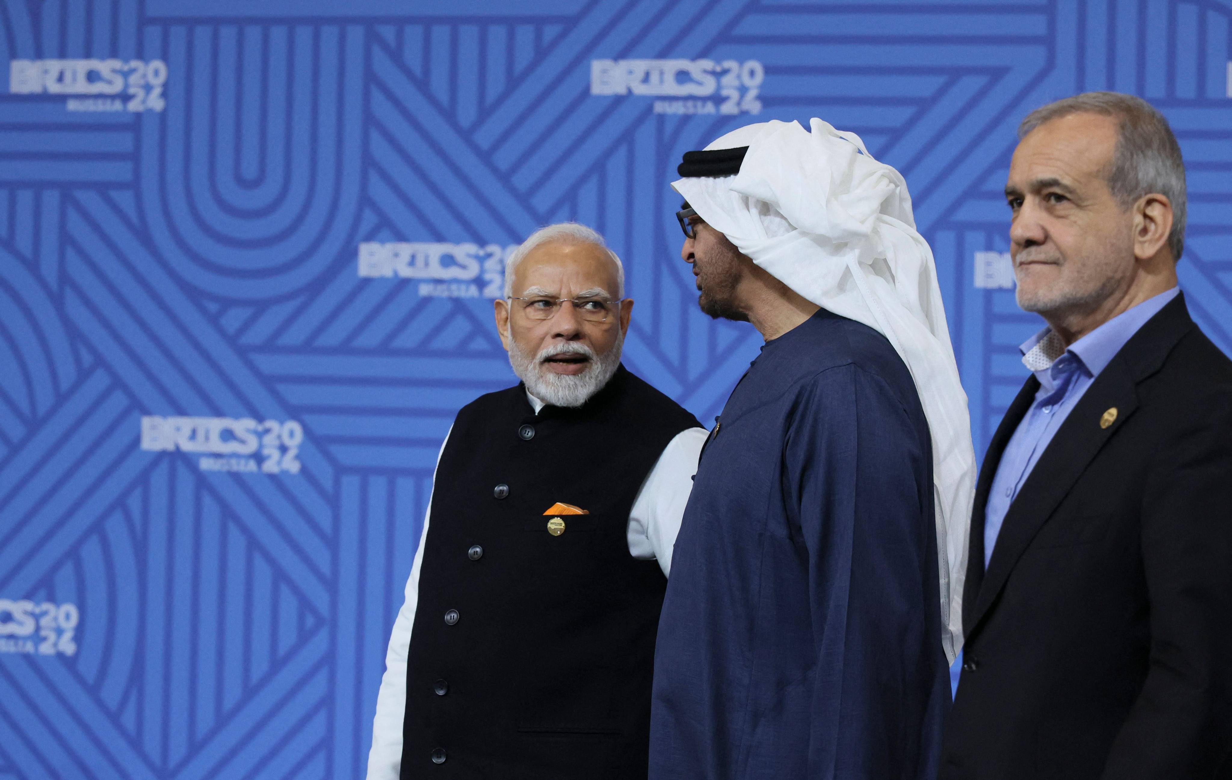 India’s Prime Minister Narendra Modi, the United Arab Emirates’ President Sheikh Mohamed bin Zayed Al Nahyan and Iran’s President Masoud Pezeshkian attend a family photo session during the Brics summit in Kazan on October 23. Photo: AFP