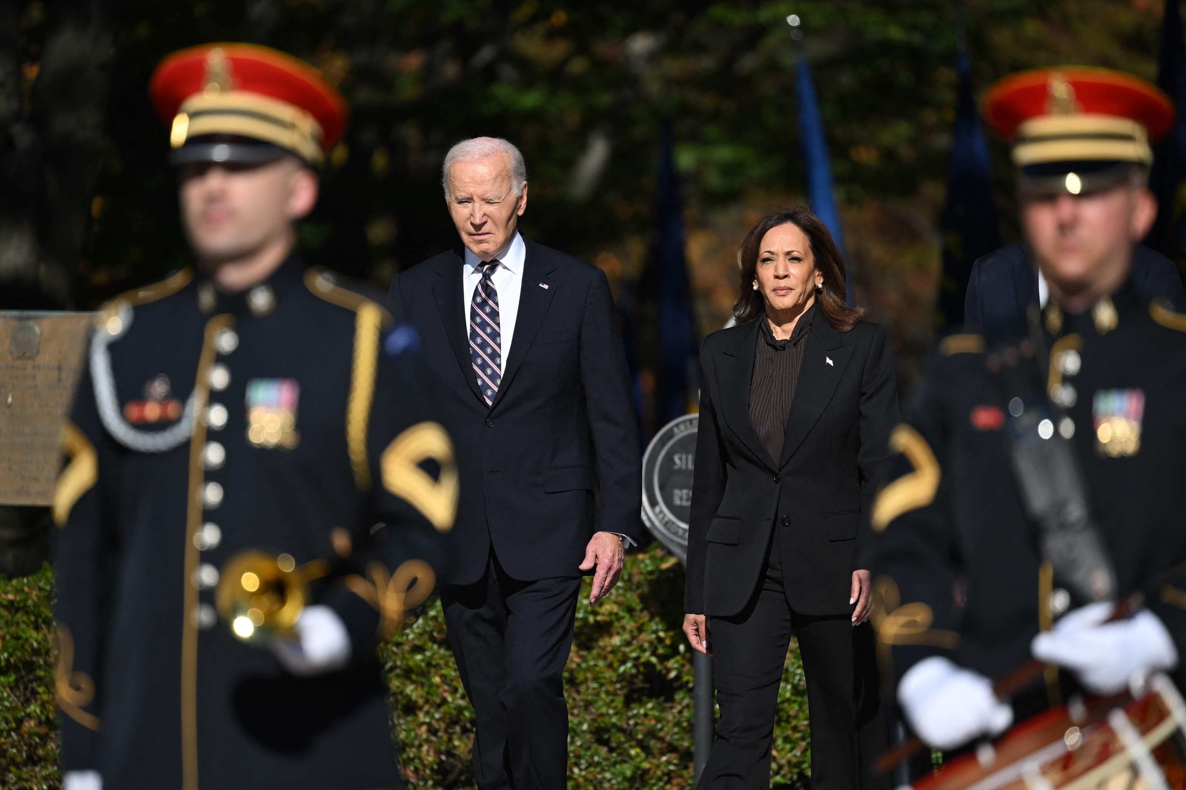 US President Joe Biden and Vice-President Kamala Harris arrive for a wreath-laying ceremony at The Tomb of the Unknown Soldier at Arlington National Cemetery in Arlington, Virginia on Monday. Photo: AFP