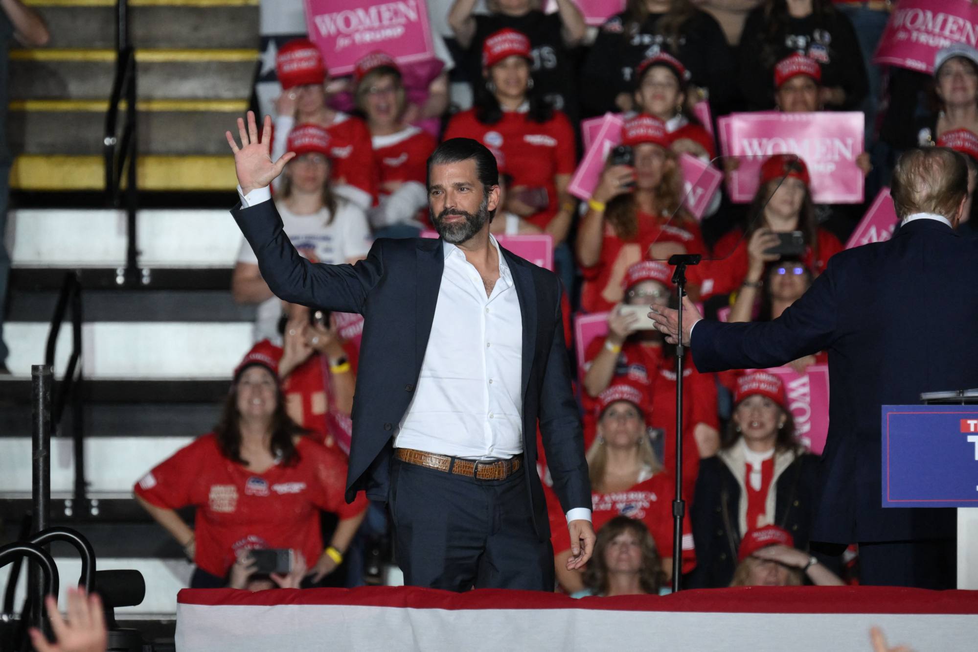 Don Trump Jnr arrives to speak at a rally for his father in Reading, Pennsylvania, on November 4, 2024. Photo: AFP