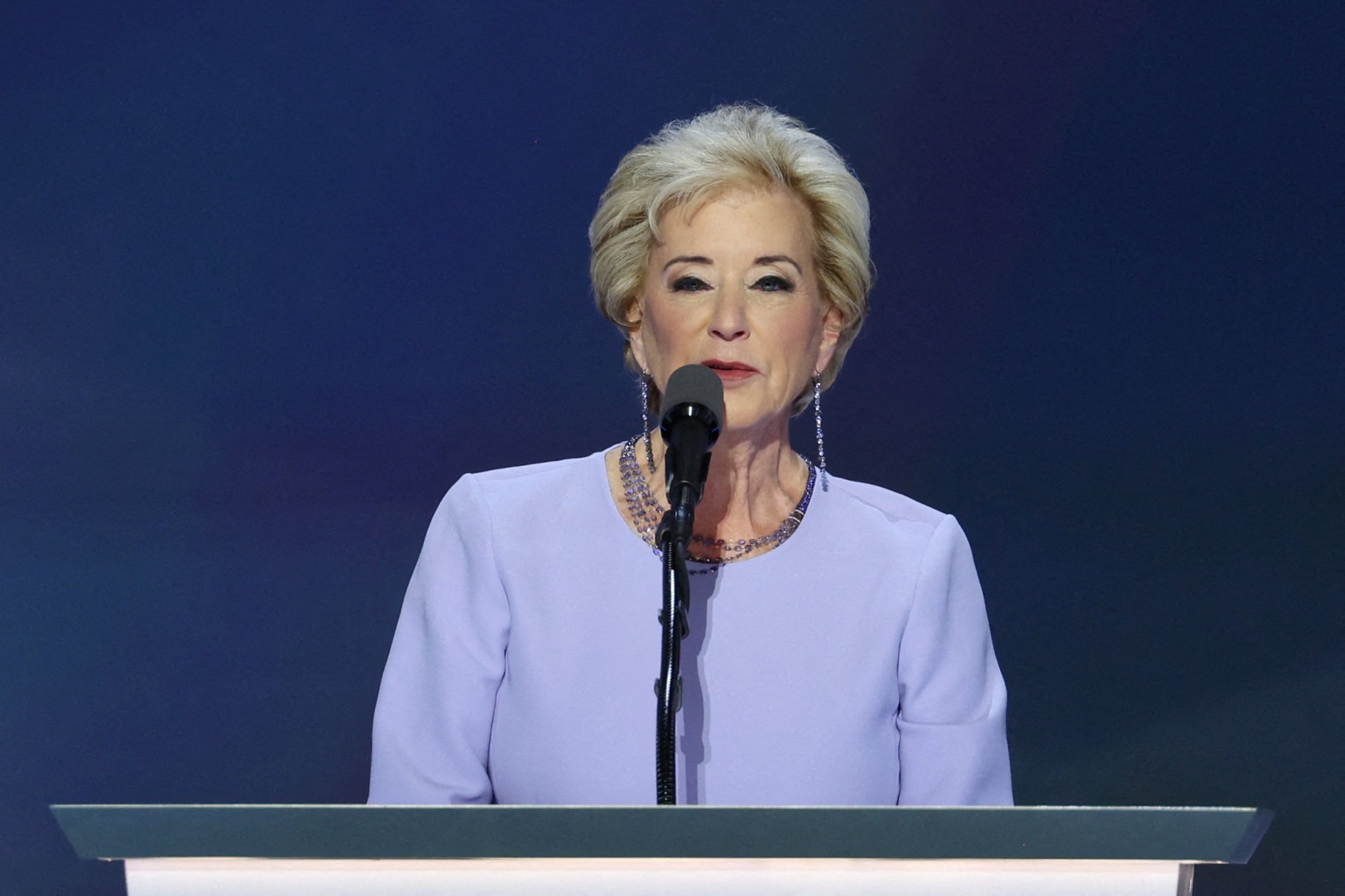 Linda McMahon, former head of the Small Business Administration, speaks at the Republican National Convention in Milwaukee, Wisconsin, on July 18, 2024. Photo: Reuters