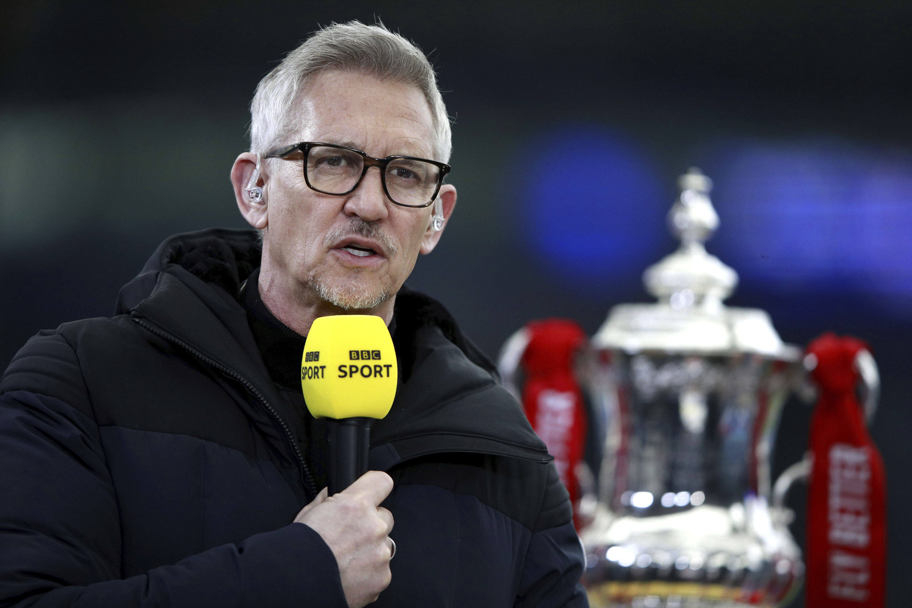 Gary Lineker covering an FA Cup  match between Leicester City and Manchester United in March 2021. Photo: PA