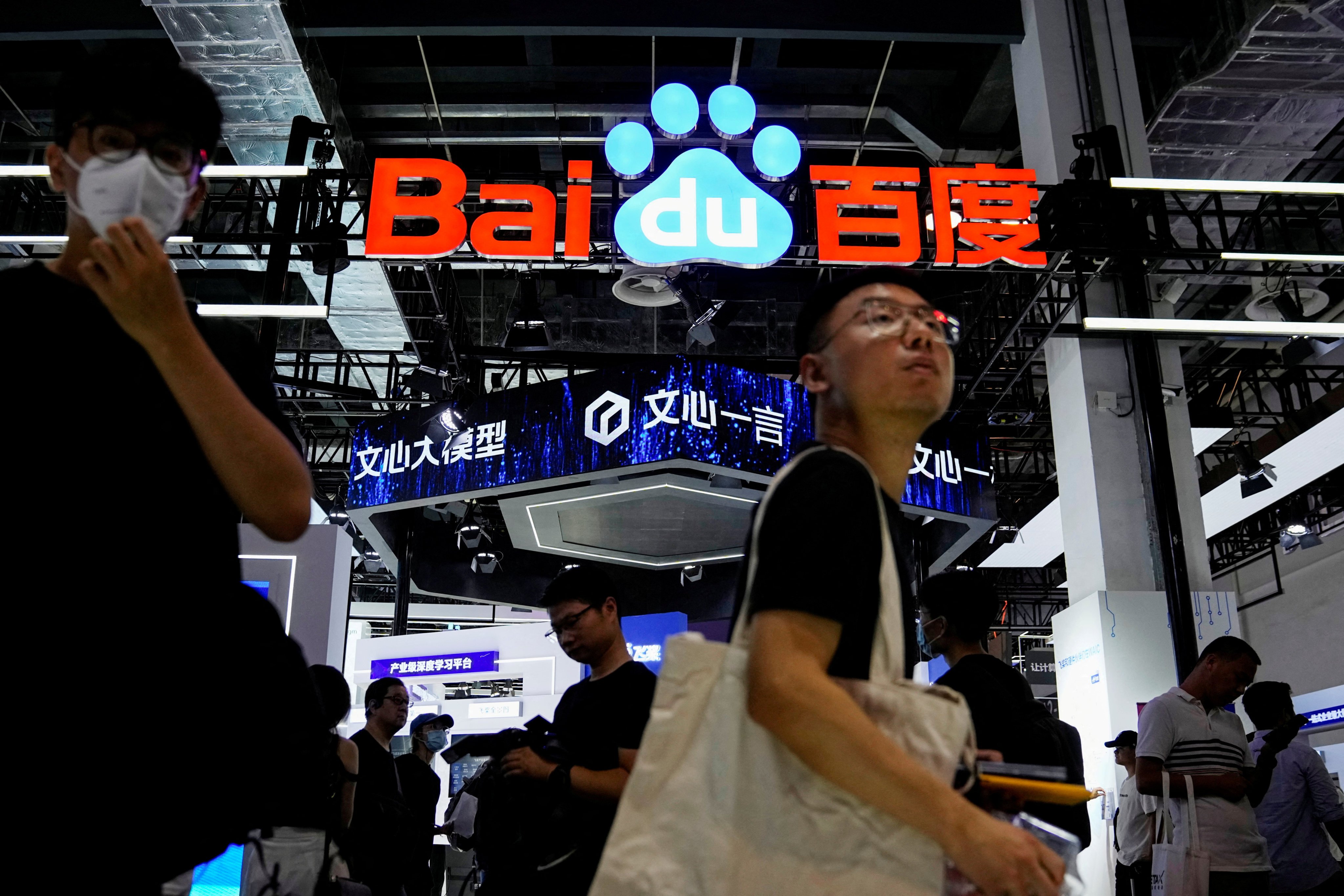 A Baidu sign seen at the World Artificial Intelligence Conference in Shanghai on July 6, 2023. Photo: Reuters