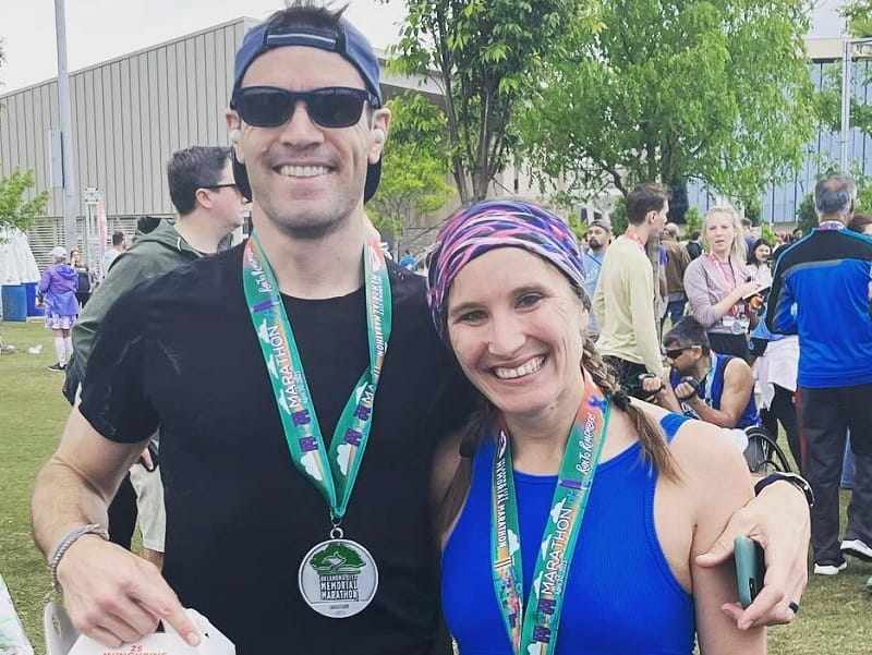 Amber (right) and Zach Williams after running the Oklahoma City Memorial Marathon in April 2023. Photo: American Heart Association News