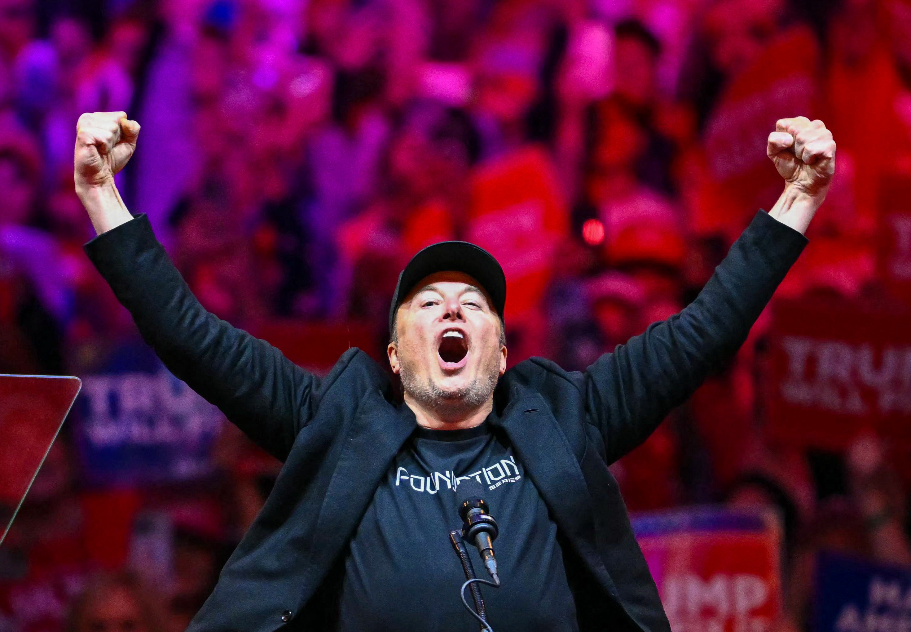 SpaceX CEO Elon Musk on stage at a campaign rally for Donald Trump during the US presidential election campaign. Photo: AFP