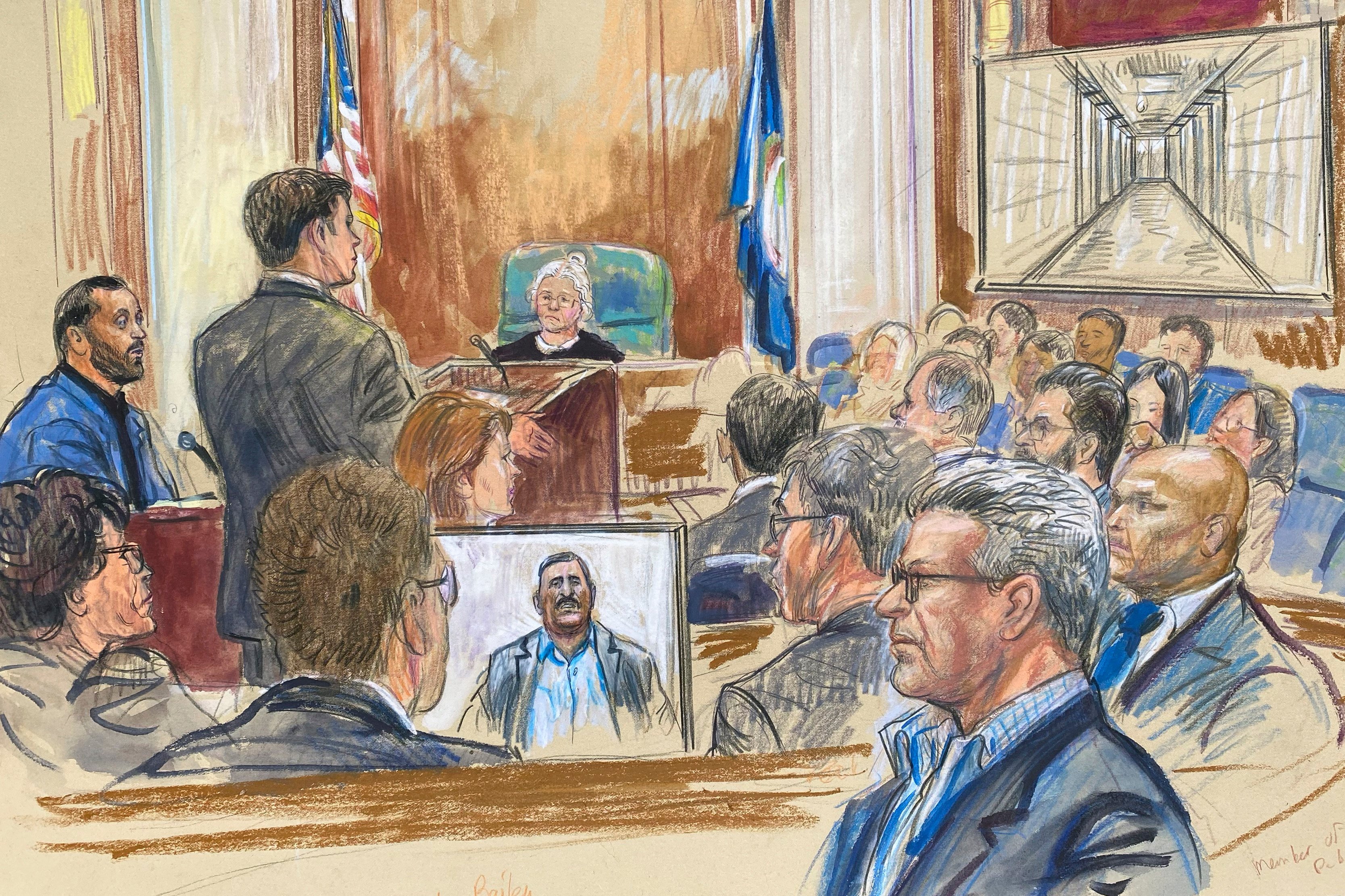 Former detainee Salah Al-Ejaili, (foreground with glasses) is depicted at the CACI trial in Alexandria, Virginia, in April. Courtroom sketch: Dana Verkouteren via AP