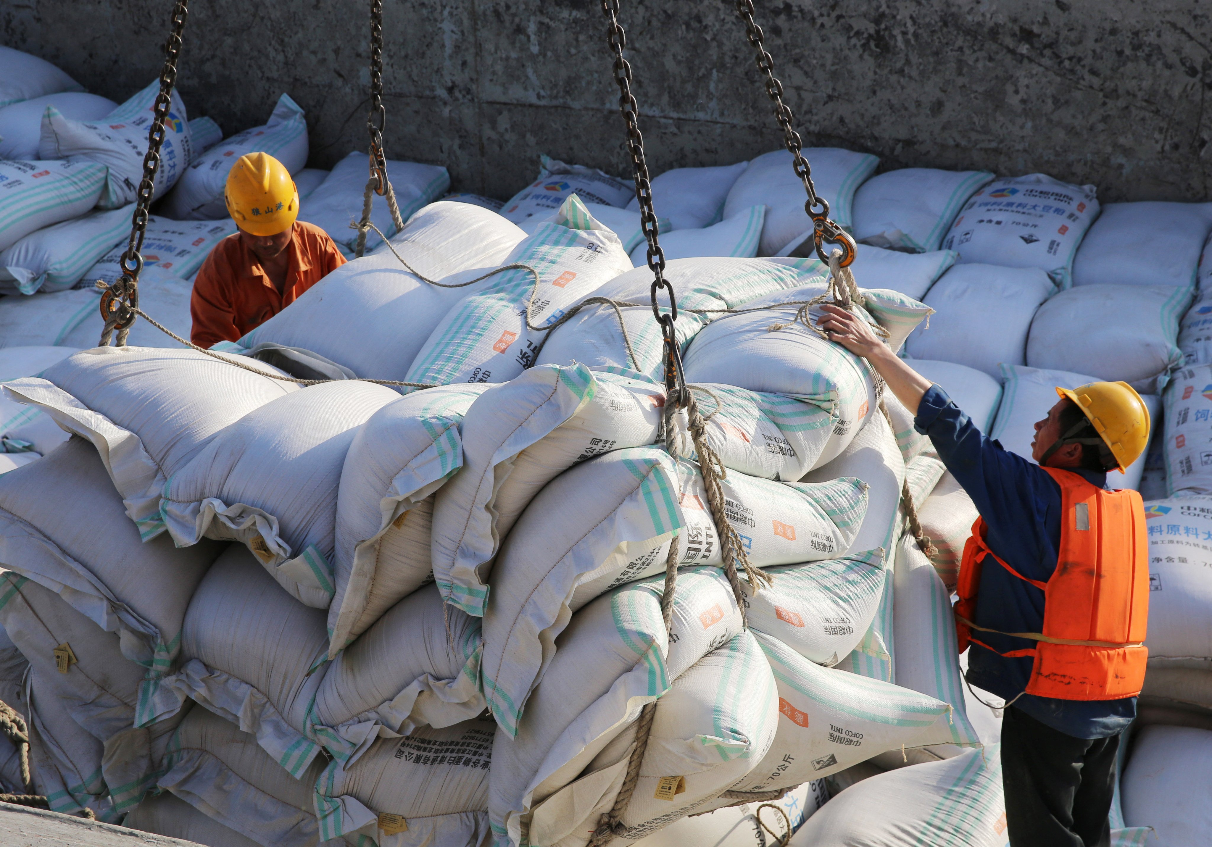 Chinese workers transfer bags of soybean meal at a port in Nantong, Jiangsu province. Photo: AFP