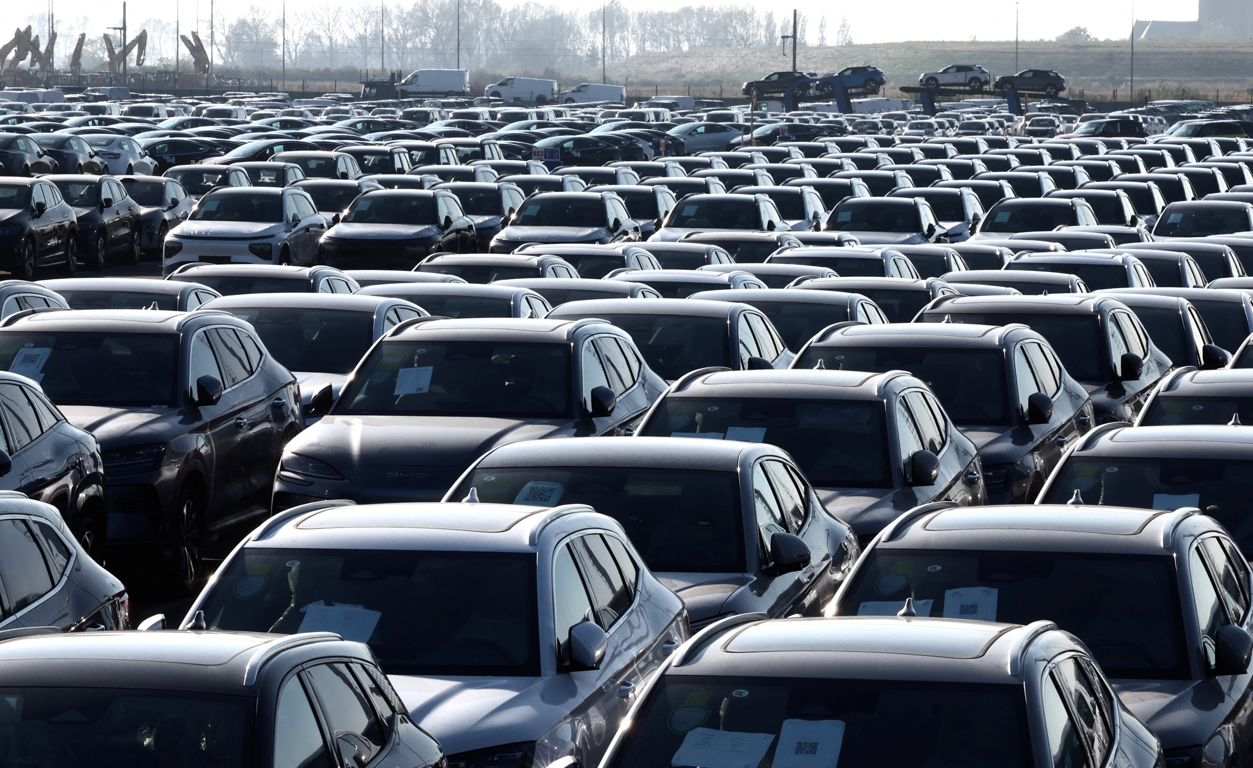 China-built electric vehicles, including those by BYD, are seen parked in the port of Zeebrugge in Belgium in October 2024. Photo: Reuters