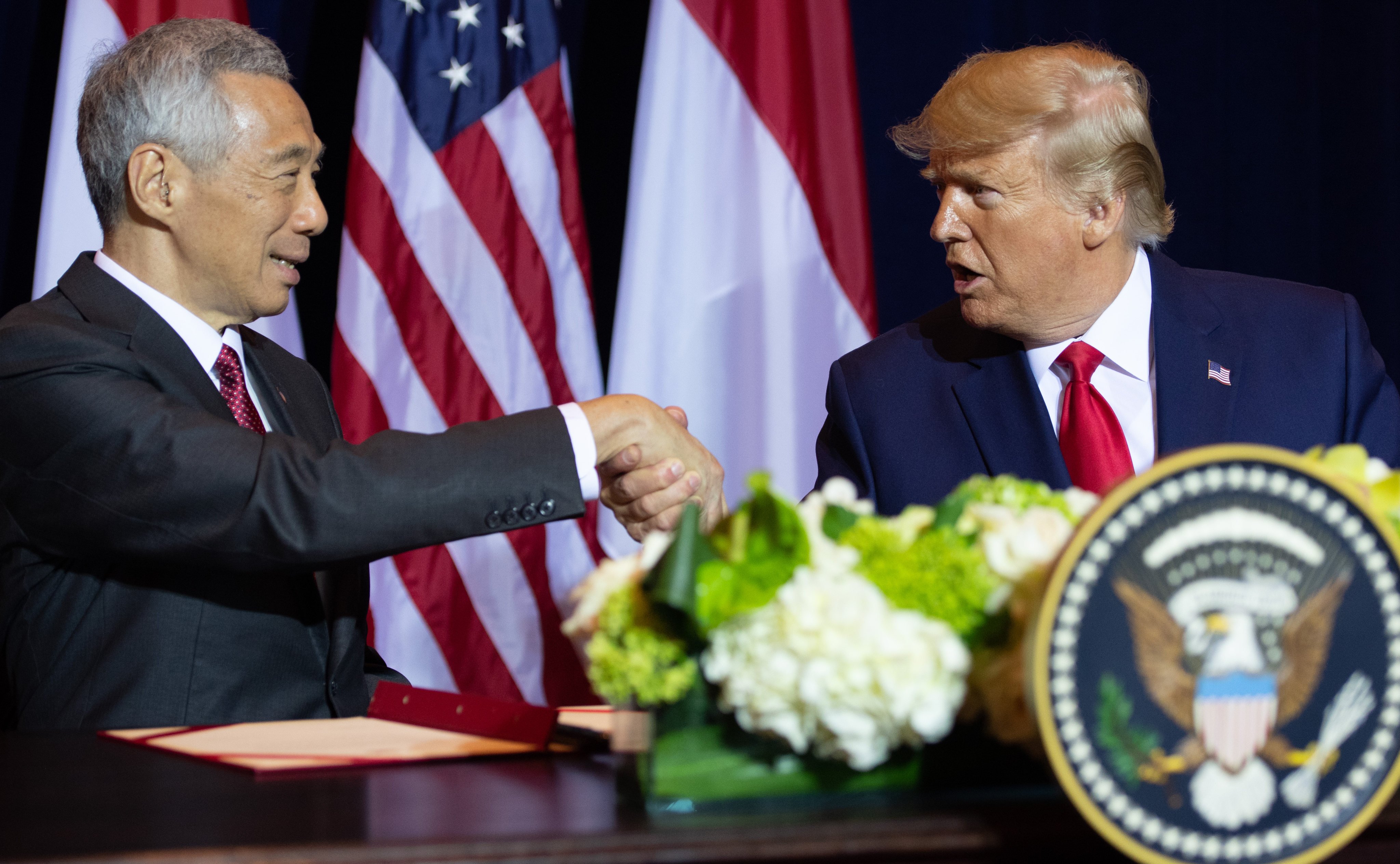 Then-US president Donald Trump shakes hands with then-Singapore Prime Minister Lee Hsien Loong at a meeting in New York in 2019. Photo: AFP