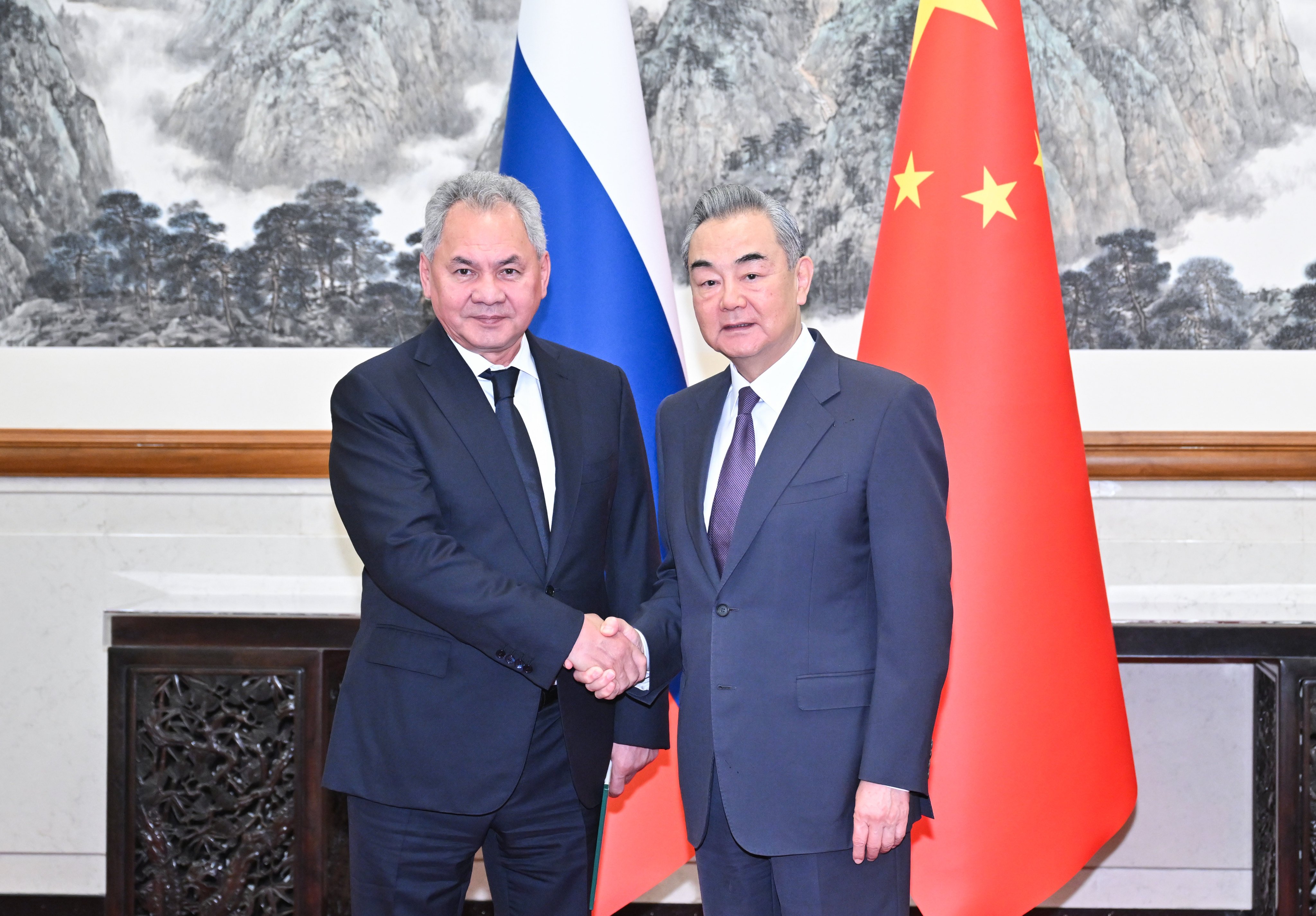 Sergei Shoigu, secretary of the Russian Federation Security Council, and Chinese Foreign Minister Wang Yi in Beijing on Tuesday, the first high-level meeting of Chinese and Russian officials since Donald Trump’s re-election as US president. Photo: Xinhua 