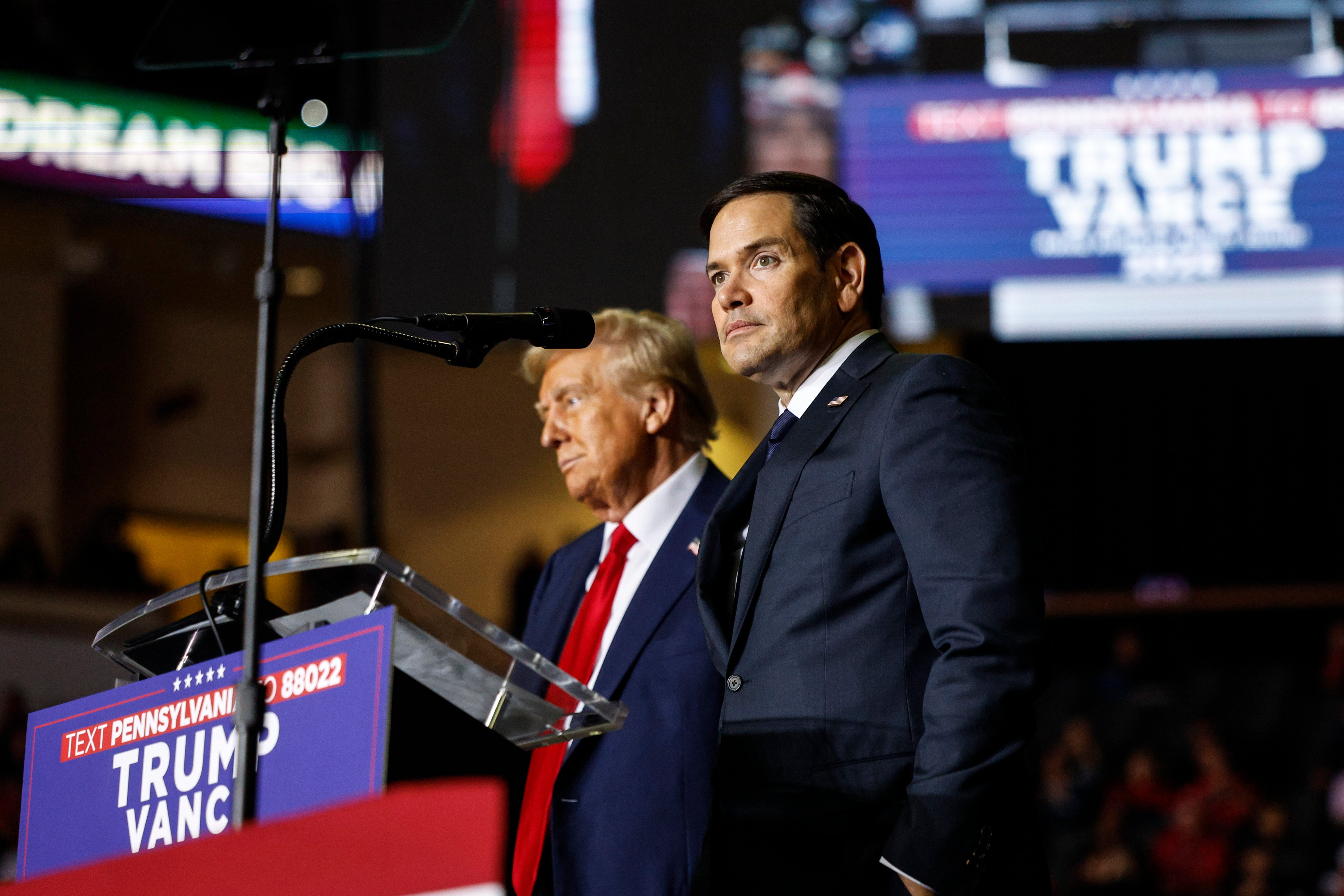 Florida Senator Marco Rubio stands on stage with former president Donald Trump in Allentown, Pennsylvania. Photo: TNS