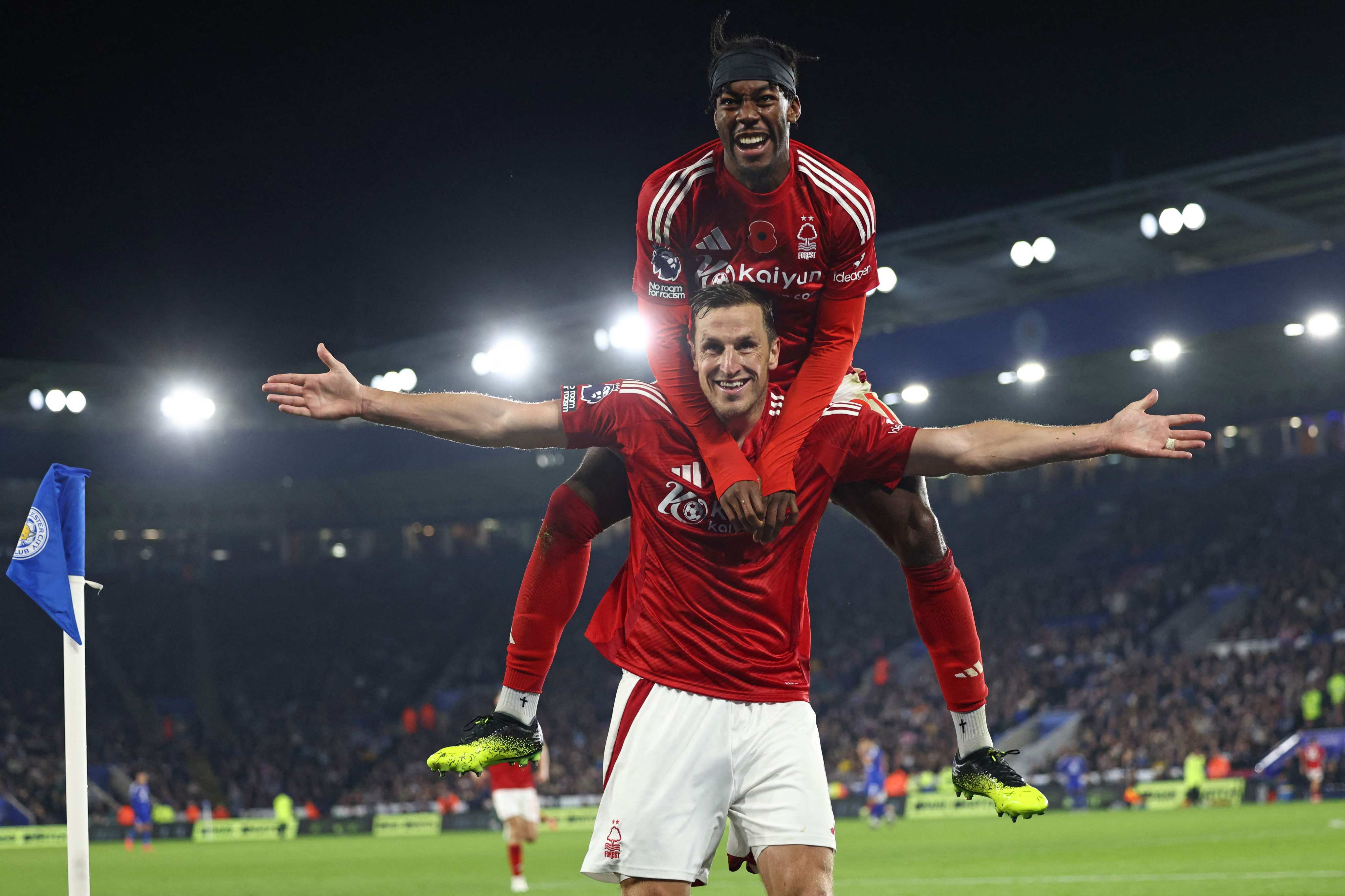 Nottingham Forest’s New Zealand striker Chris Wood  celebrates with Swedish midfielder team-mate Anthony Elanga (above) after scoring against Leicester City in a Premier League match in October. Photo: AFP