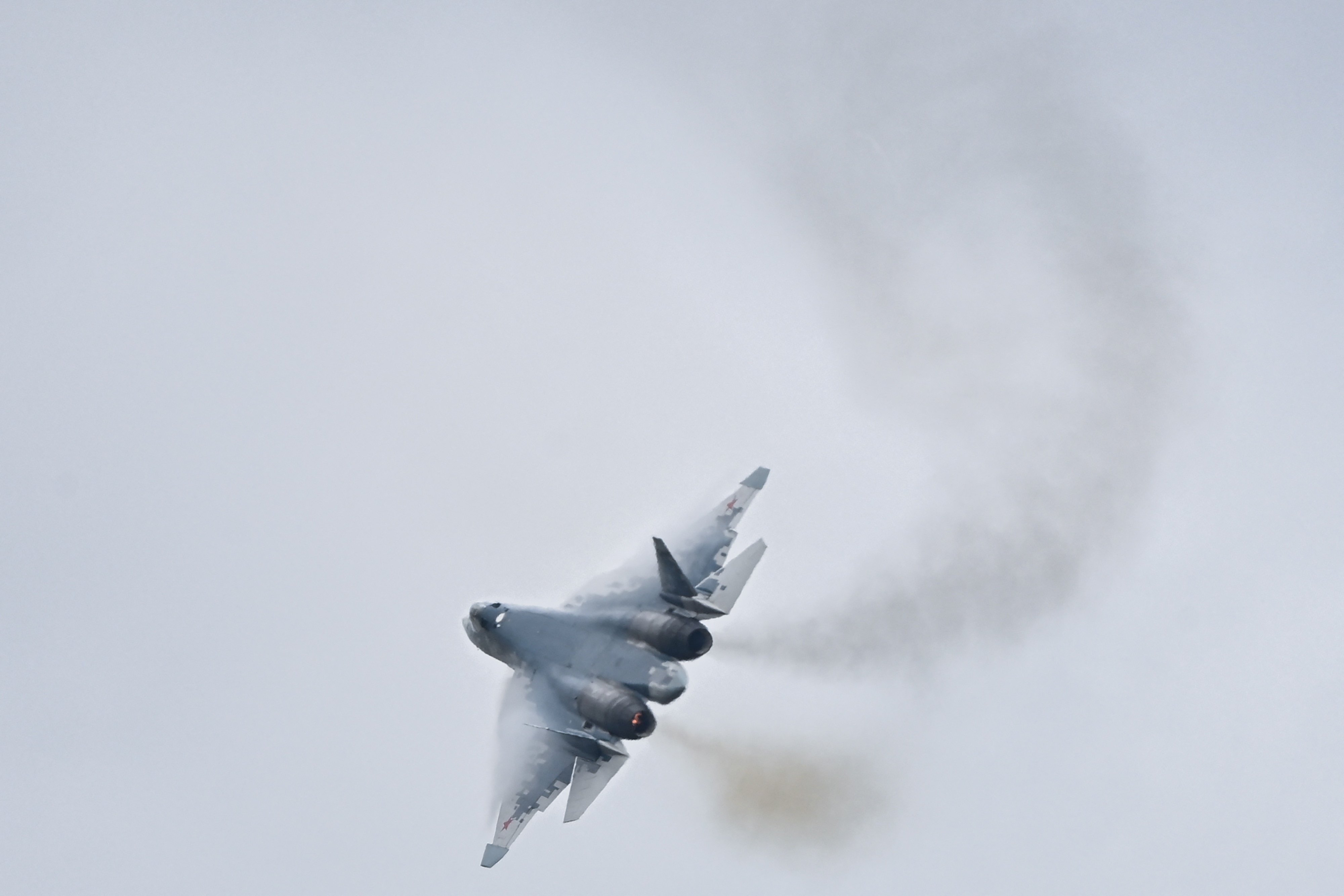 A Russian Su-57 stealth fighter jet flies during the Zhuhai air show on Thursday in southern China. Photo: AFP