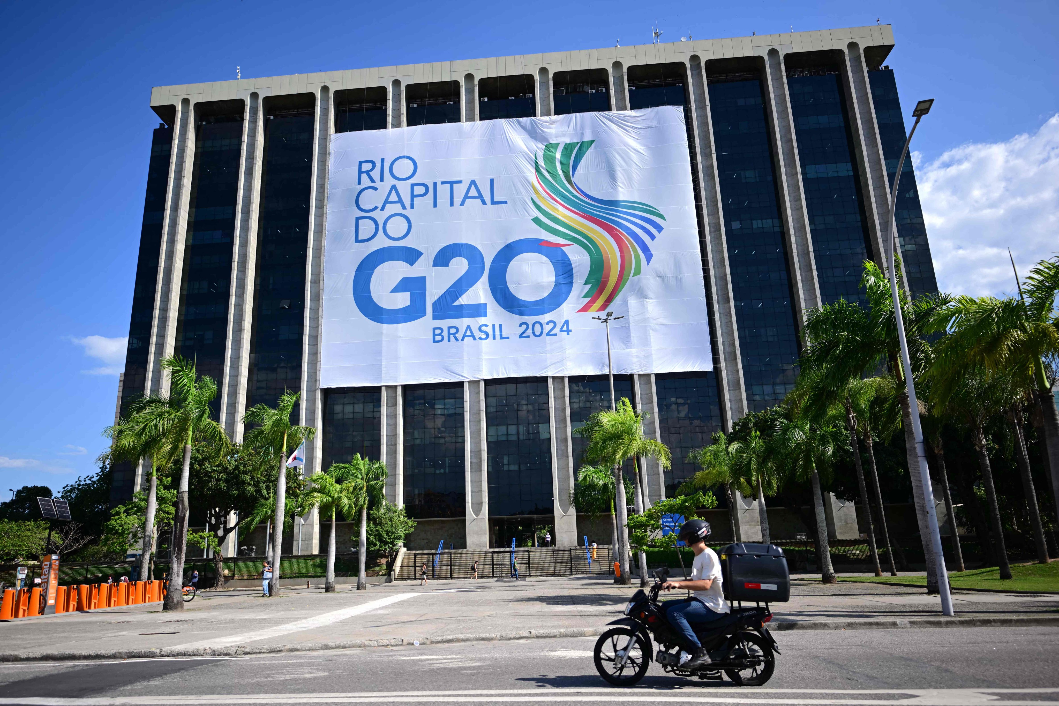 A G20 banner adorns city hall in Rio de Janeiro, Brazil, where leaders of the world’s largest economies will converge between November 18 and 19, 2024. Photo: AFP