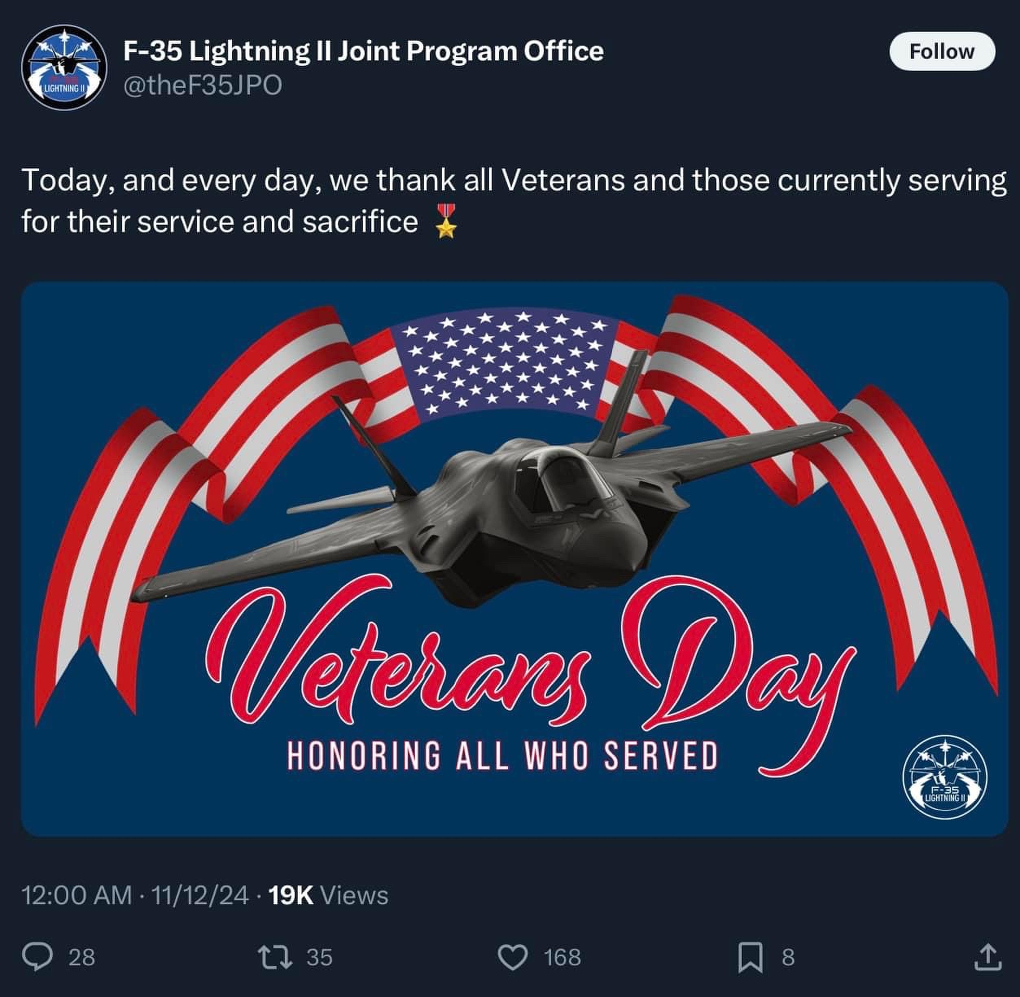 The Pentagon’s F-35 Joint Programme Office mistakenly featured China’s twin-engined J-35 fighter prominently on its poster for Veterans Day. Photo: X/