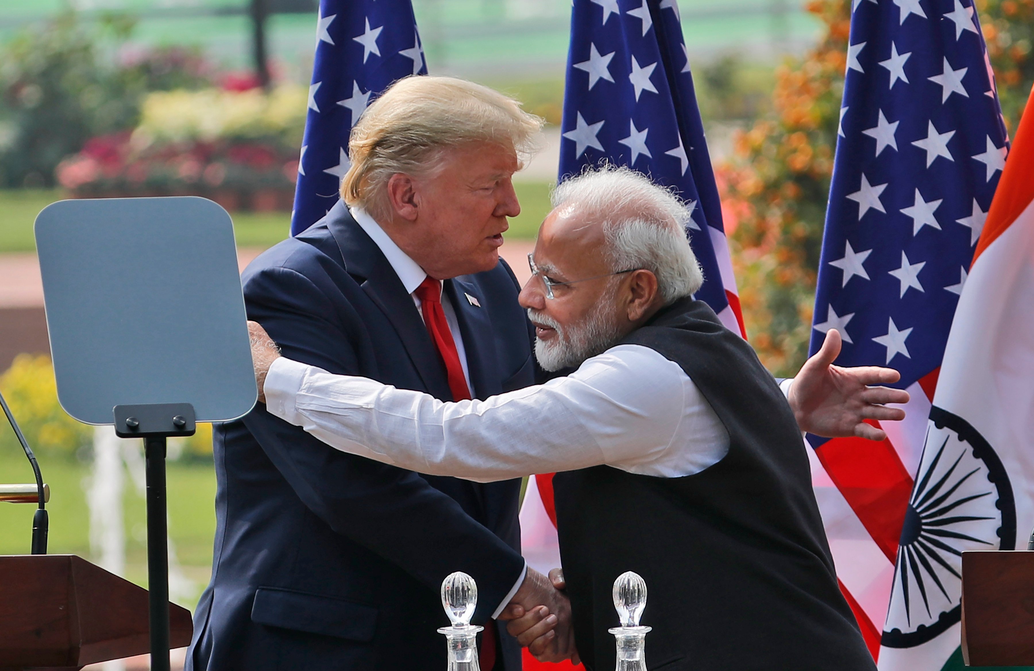 Then-US President Donald Trump and Indian Prime Minister Narendra Modi embrace after giving a joint statement in New Delhi on February 25, 2020. Photo: AP