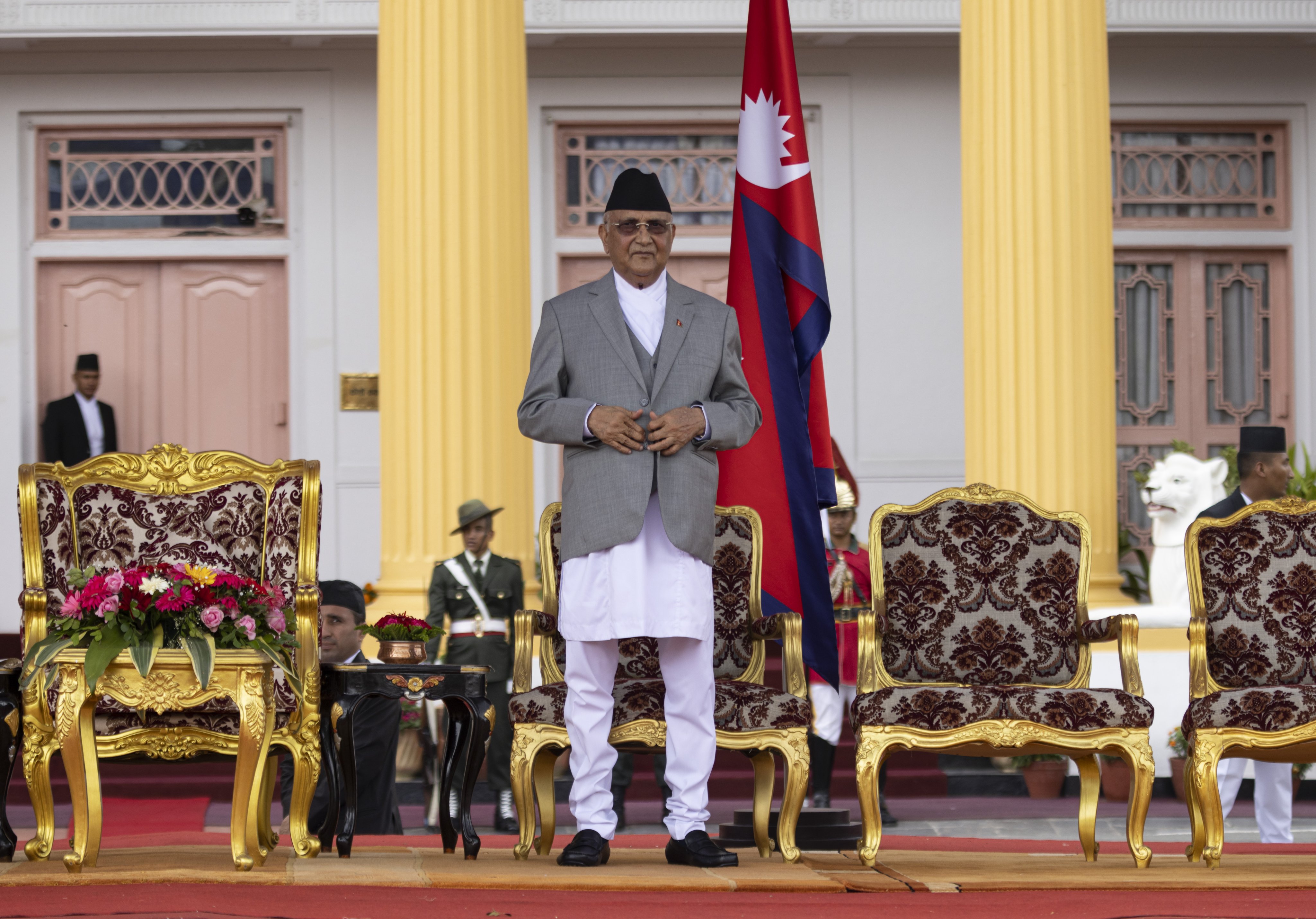 Nepal’s new Prime Minister Khadga Prasad Sharma Oli looks on after taking the oath of office during a ceremony at the presidential office in Kathmandu, Nepal, on July 15. Photo: EPA-EFE