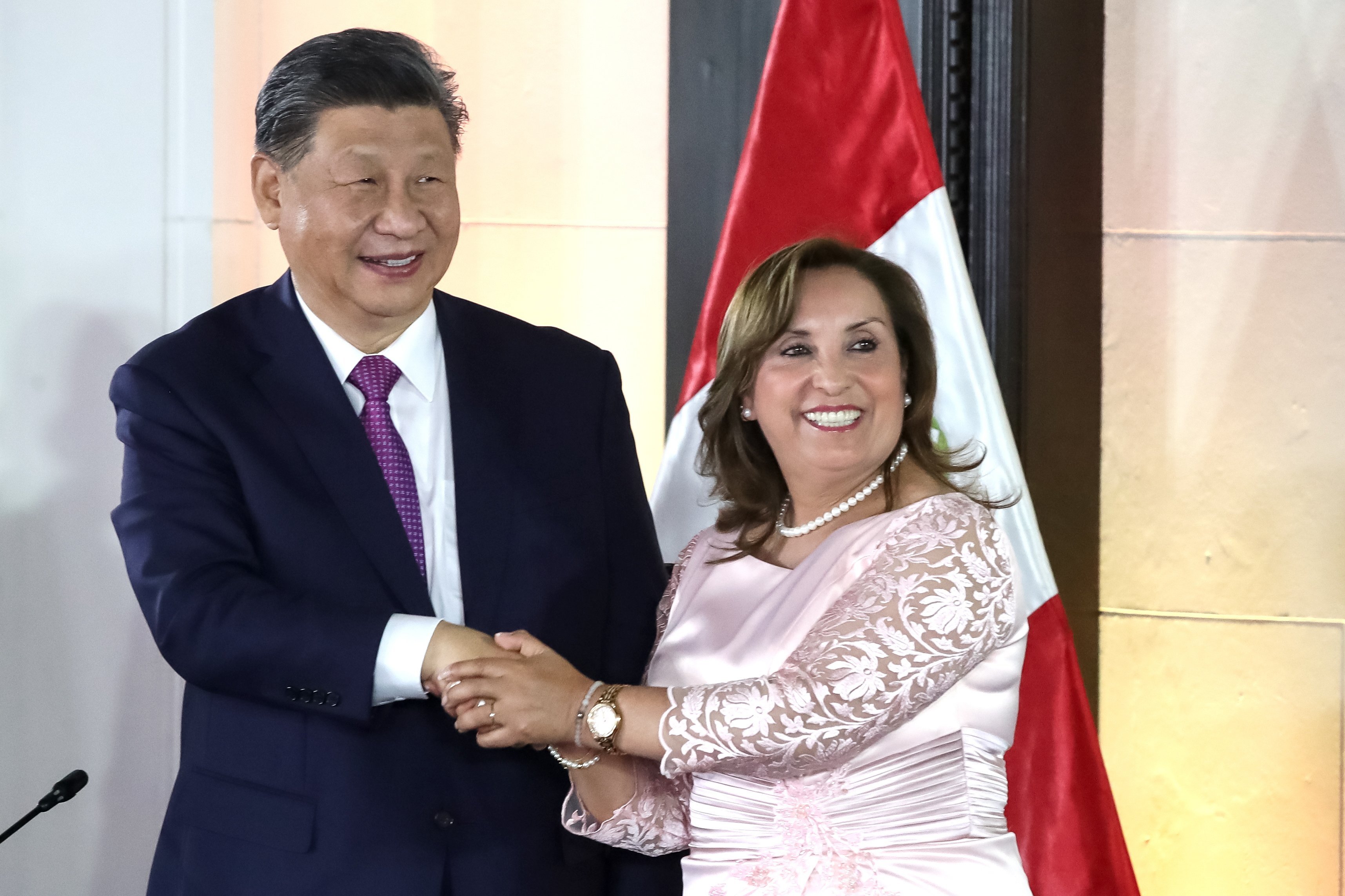 China’s President Xi Jinping and his Peruvian counterpart Dina Boluarte at an inauguration event for the Chancay megaport at the government palace in Lima on Thursday. Photo: EPA