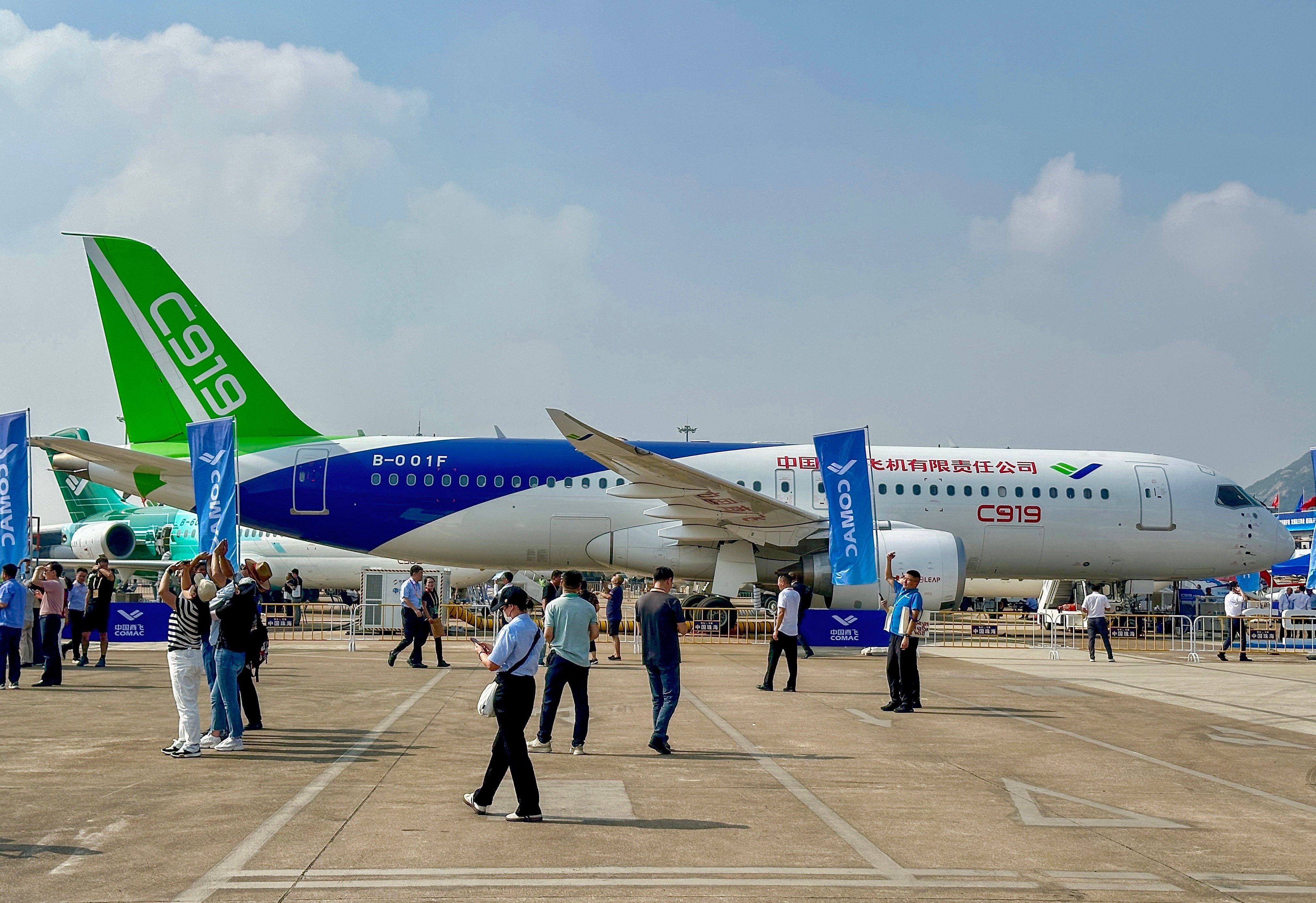 A C919 single-aisle jet is on display at the Zhuhai air show this week. The Chinese jet relies on LEAP engines from US-French joint-venture CFM International to get airborne. Photo: Frank Chen