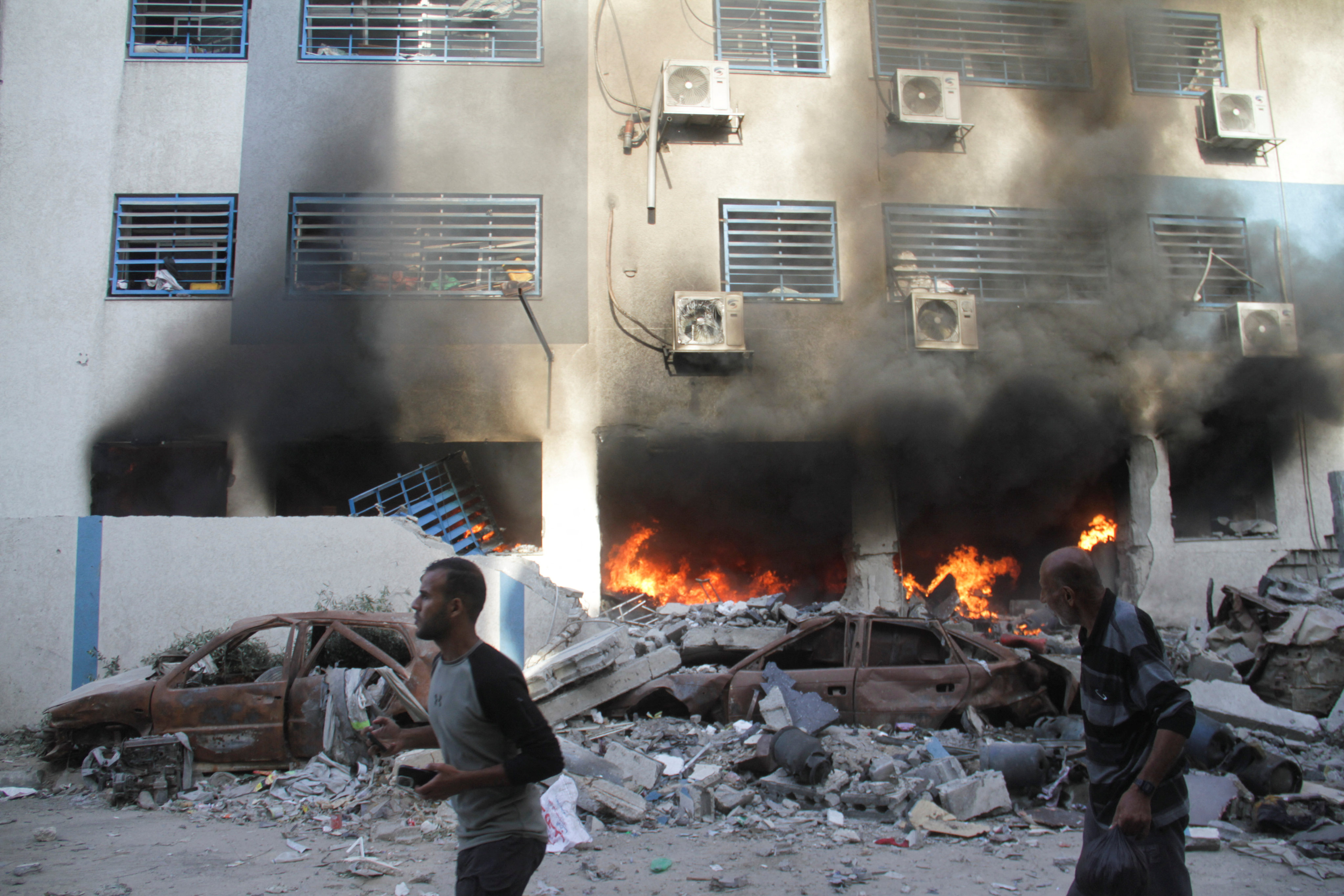 A fire at a school sheltering displaced people, after it was hit by an Israeli strike, in Gaza City. Photo: Reuters