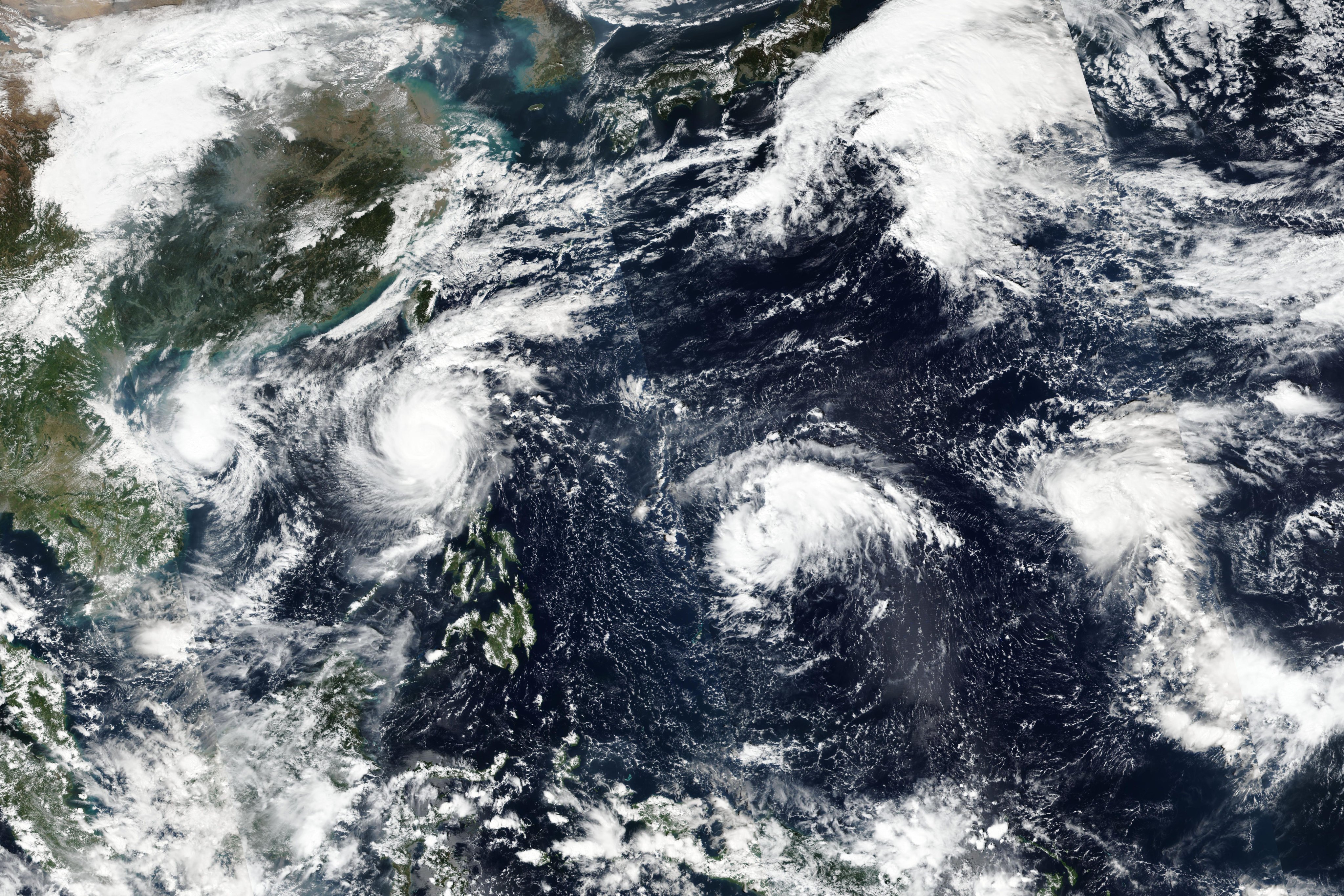 Four simultaneously active tropical cyclones on November 11, (from left) Yinxing, Toraji, Usagi, and Man-yi, the first occurrence since 1951. Photo: Handout