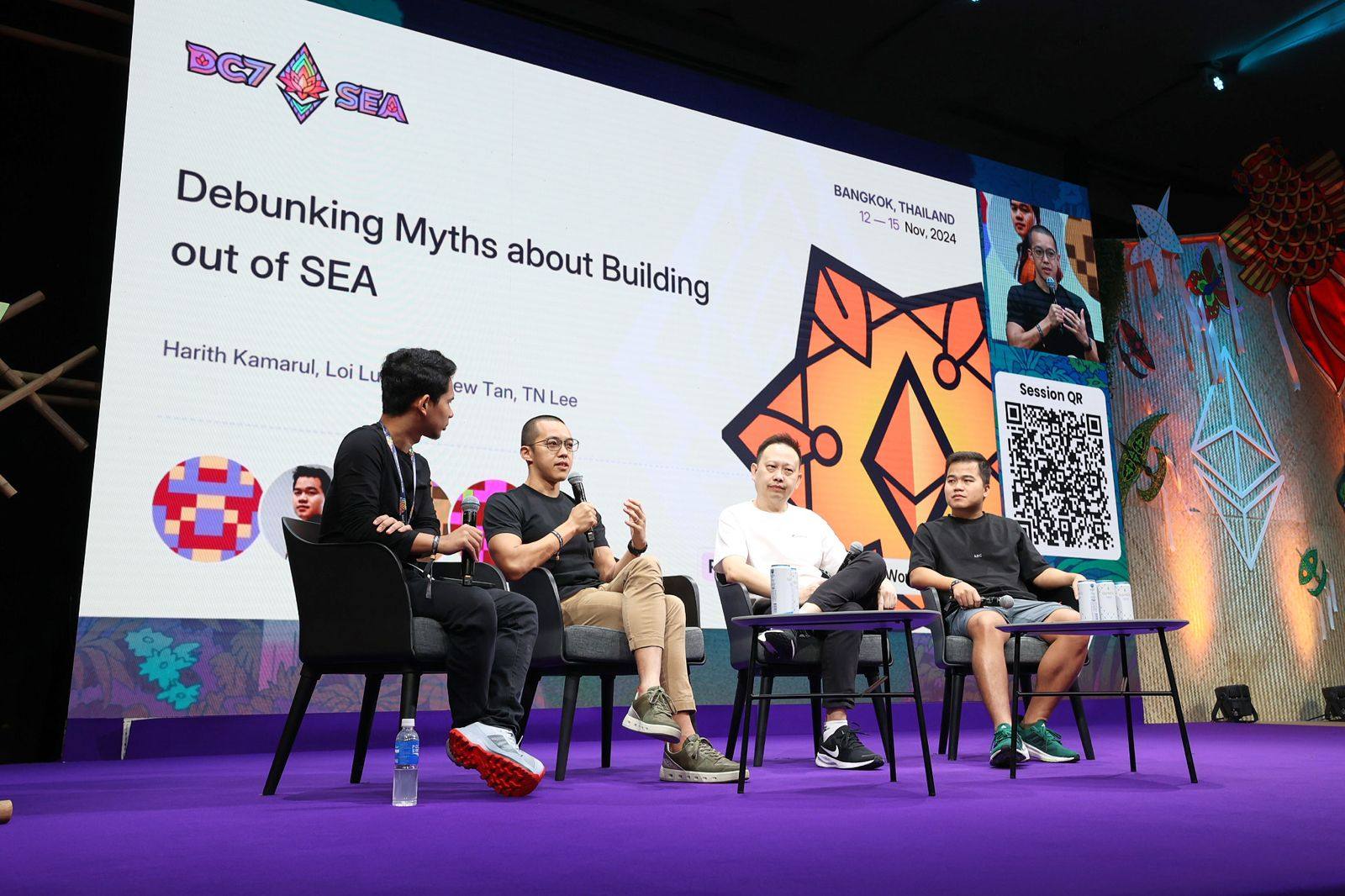 Speakers during a panel discussion at the Devcon 7 in Bangkok on November 15. Photo: EFDevcon / Twitter