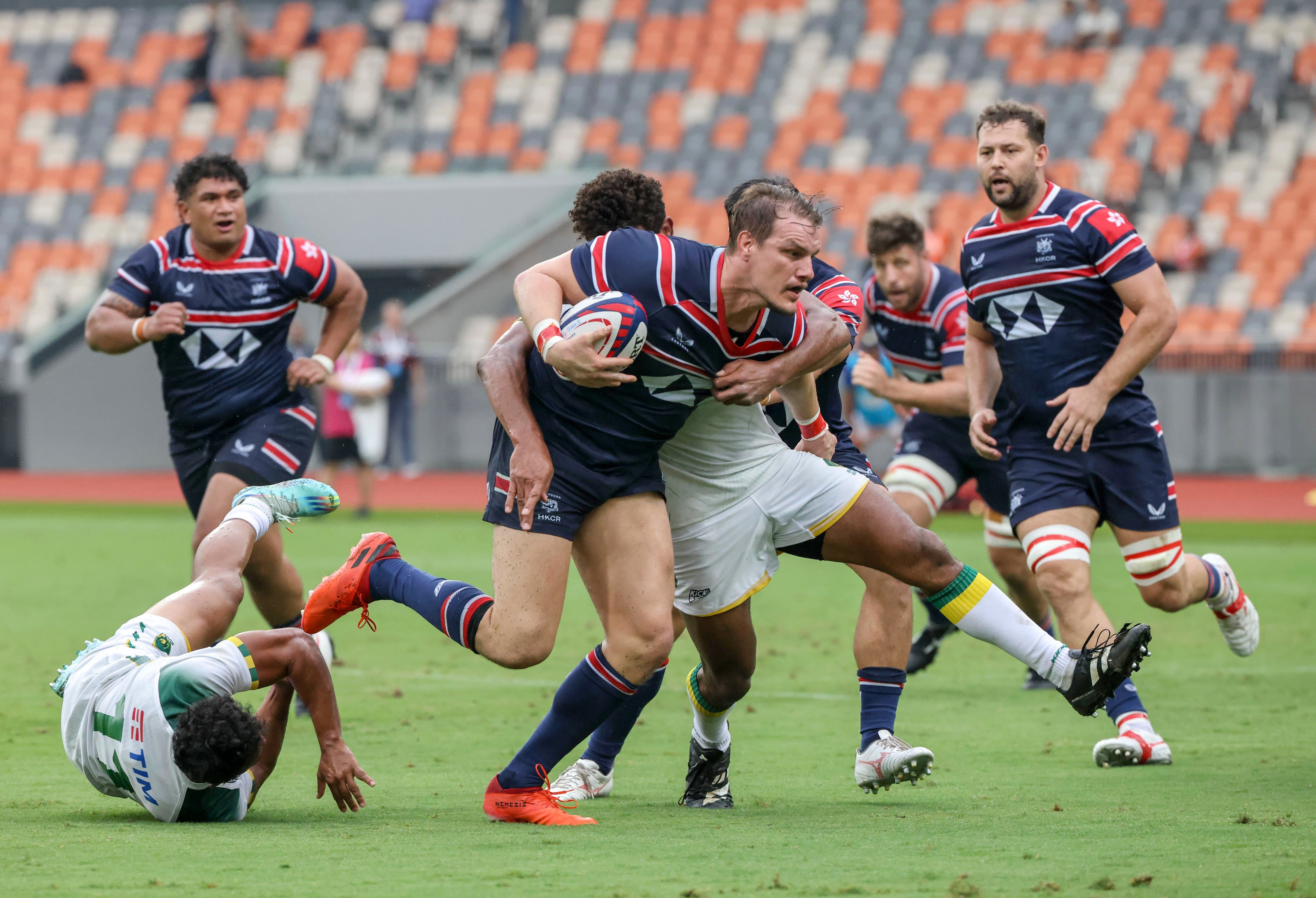 Centre Thomas Hill surges forwards during Hong Kong’s victory over Brazil. Photo: Jonathan Wong