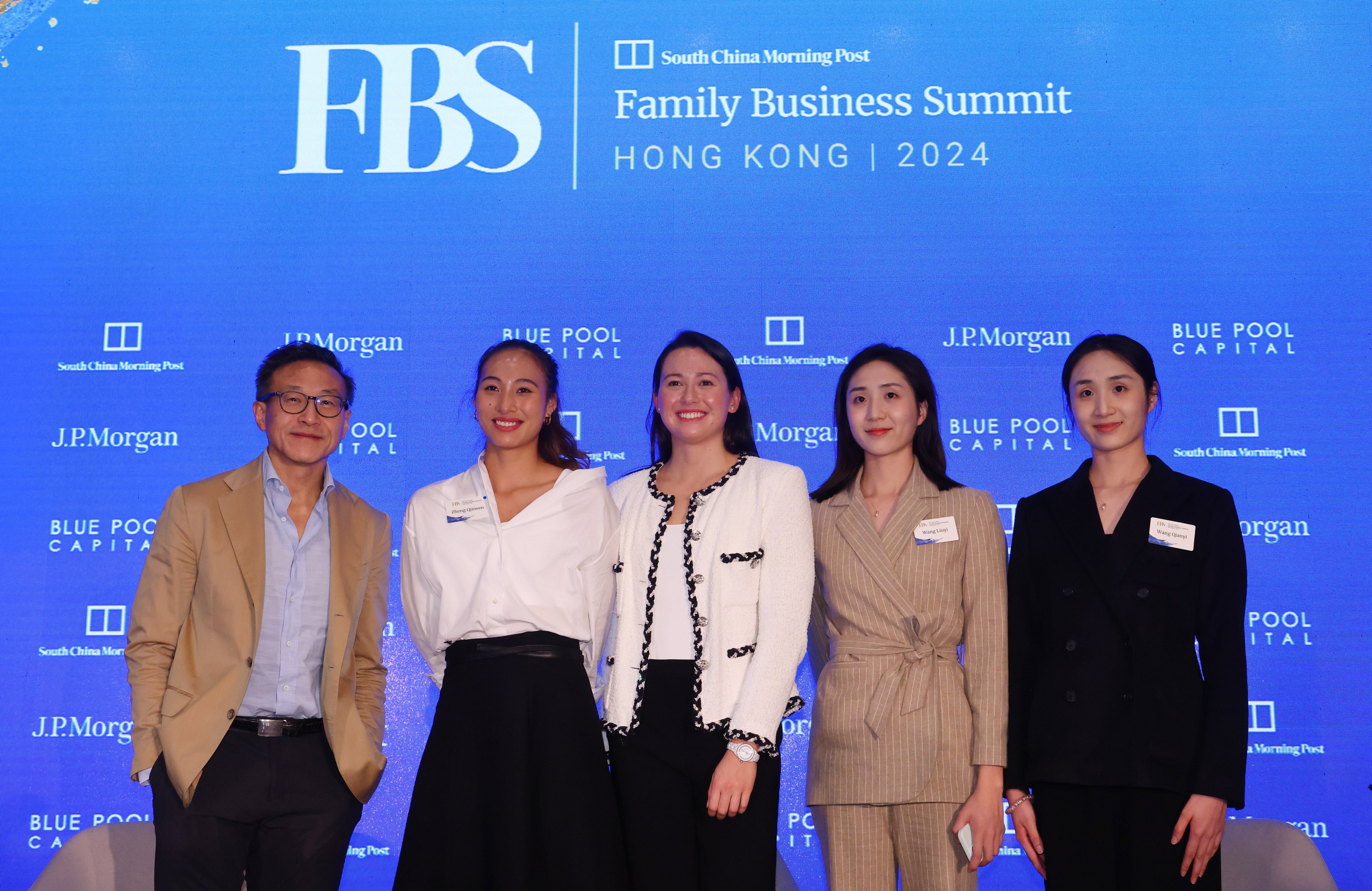 (From left) Joe Tsai, co-founder and chairman of Alibaba Group, Zheng Qinwen, Siobhan Haughey, and twins Wang Liuyi and Wang Qianyi, pose for a group picture during a panel discussion “Conversation with Paris Olympians” at the SCMP Family Business Summit 2024. Photo: Dickson Lee