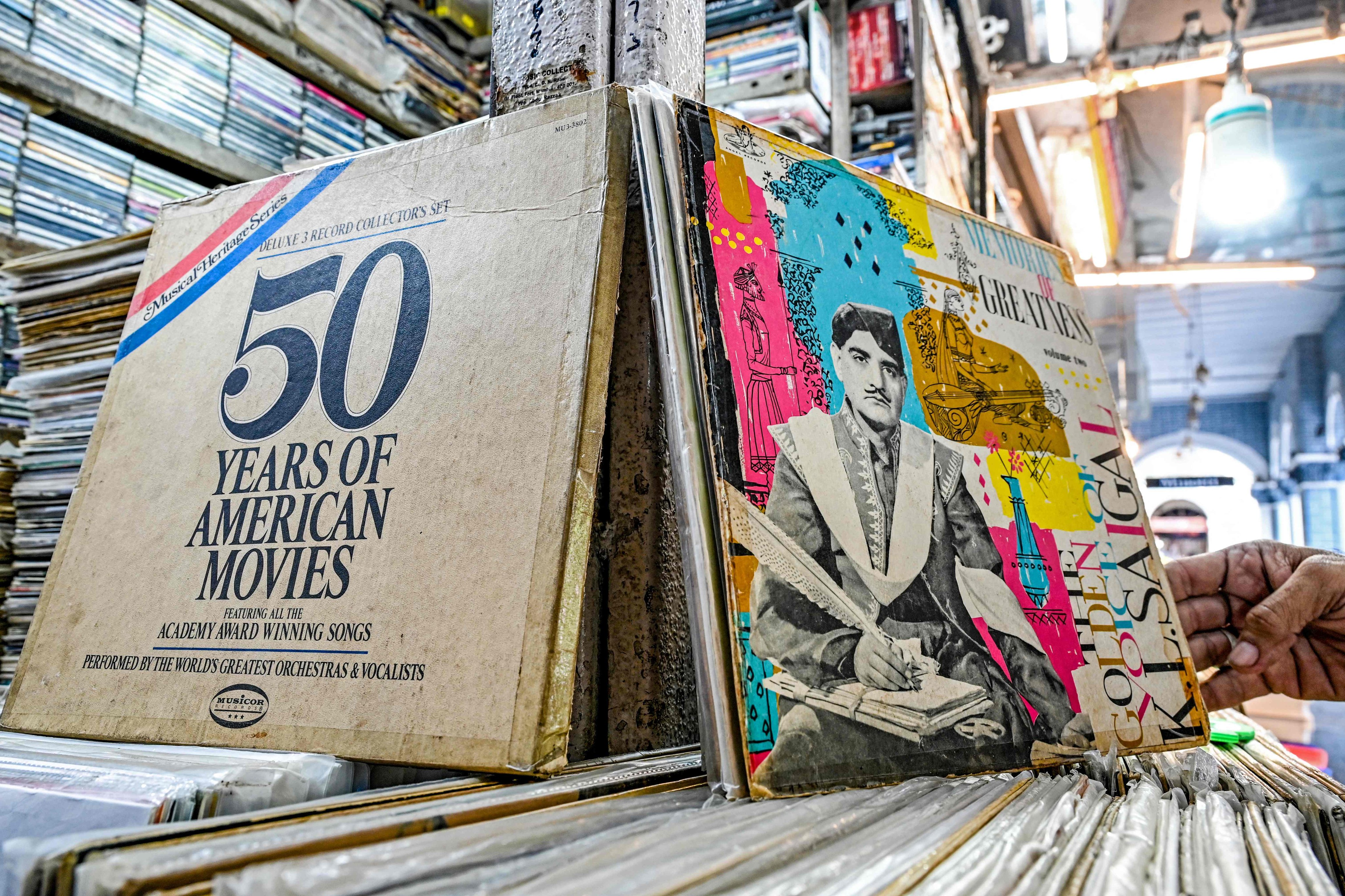 Vinyl records on display at his shop in Mumbai. Photo: AFP