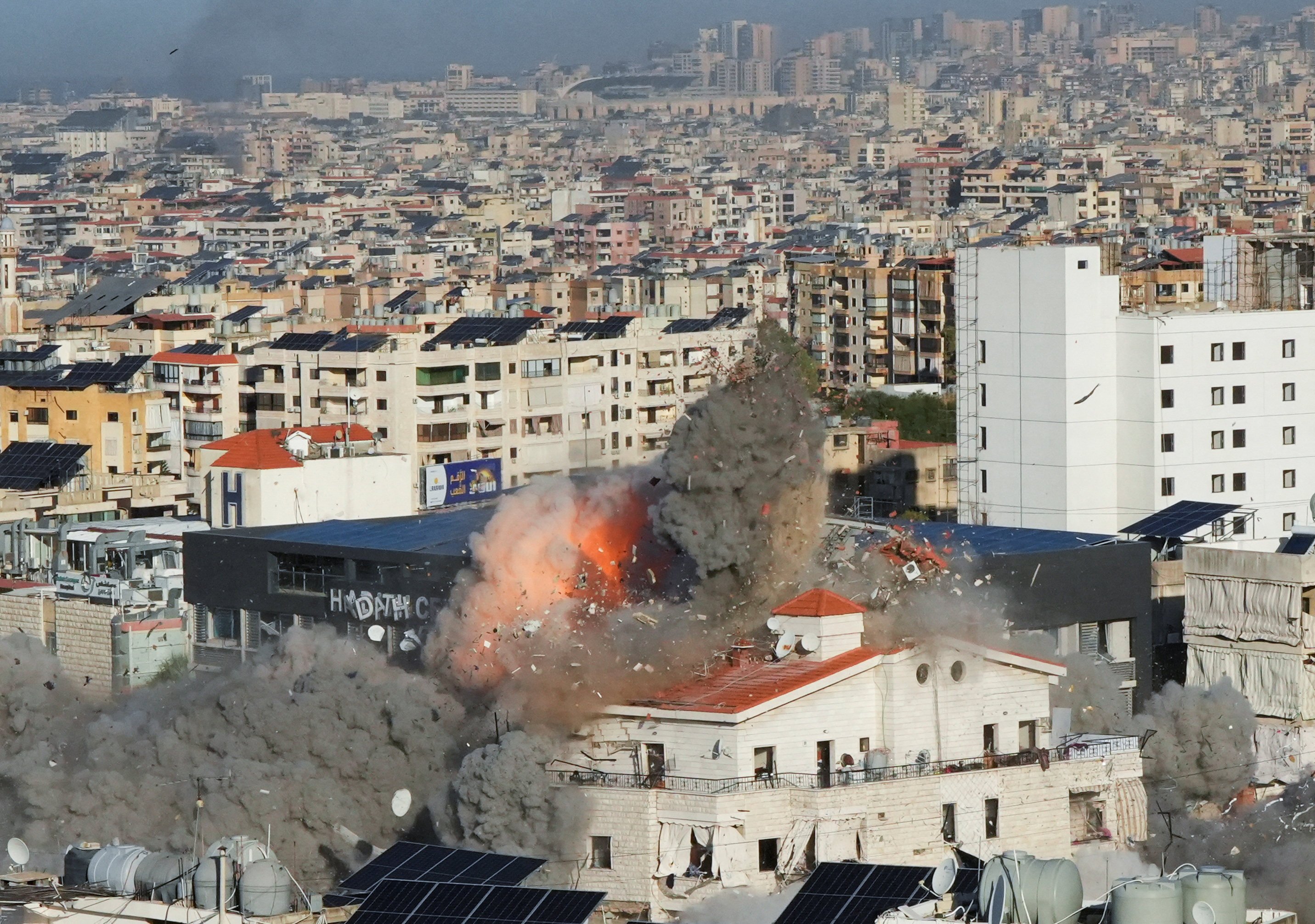 Smoke and flames rise over Beirut’s southern suburbs, after an Israeli strike, amid the ongoing hostilities between Hezbollah and Israeli forces, as seen from Hadath, Lebanon, on Sunday. Photo: Reuters