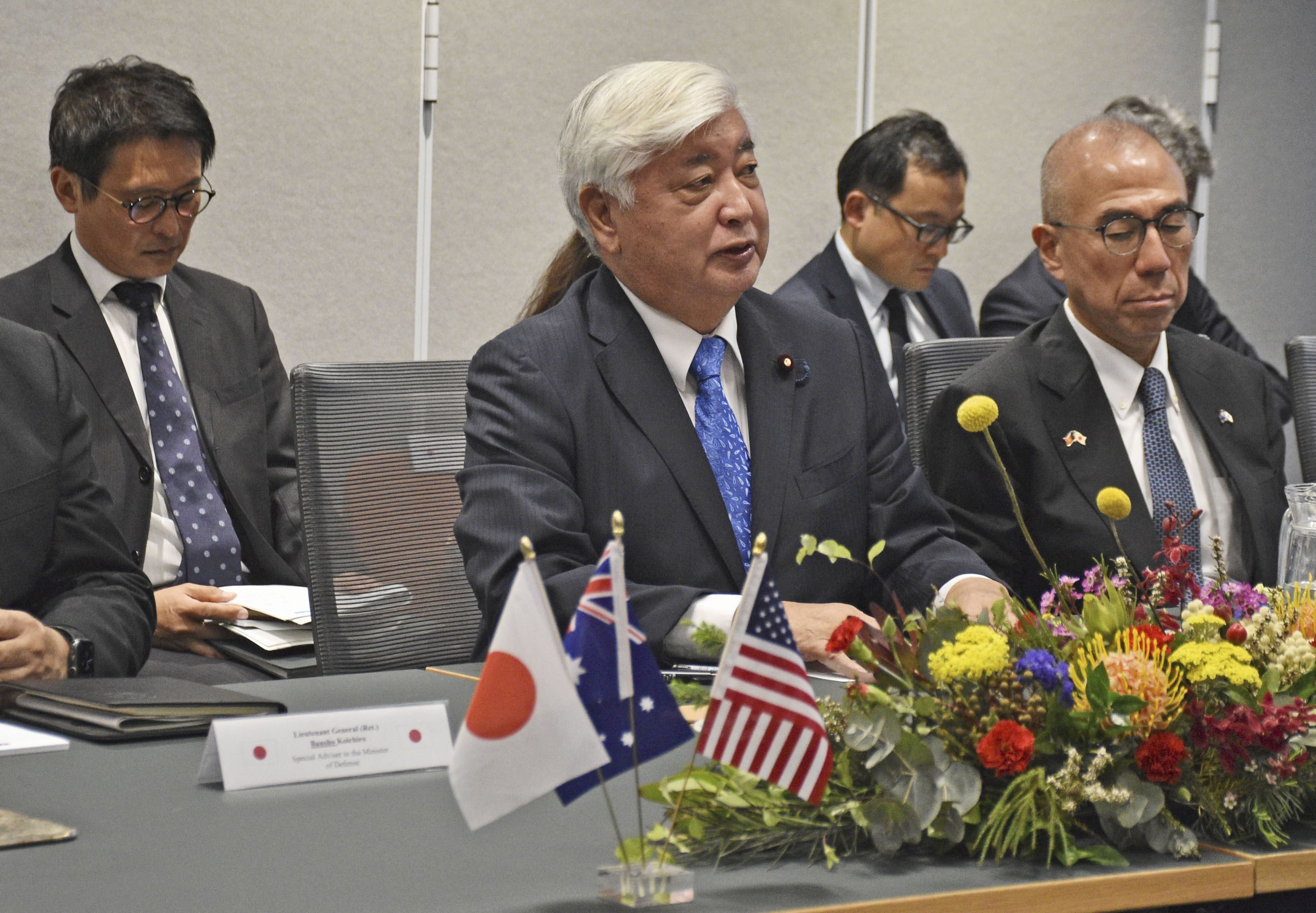 Japanese Defense Minister Gen Nakatani during talks with his US and Australian counterparts, Lloyd Austin and Richard Marles, in Darwin. Photo: Kyodo News