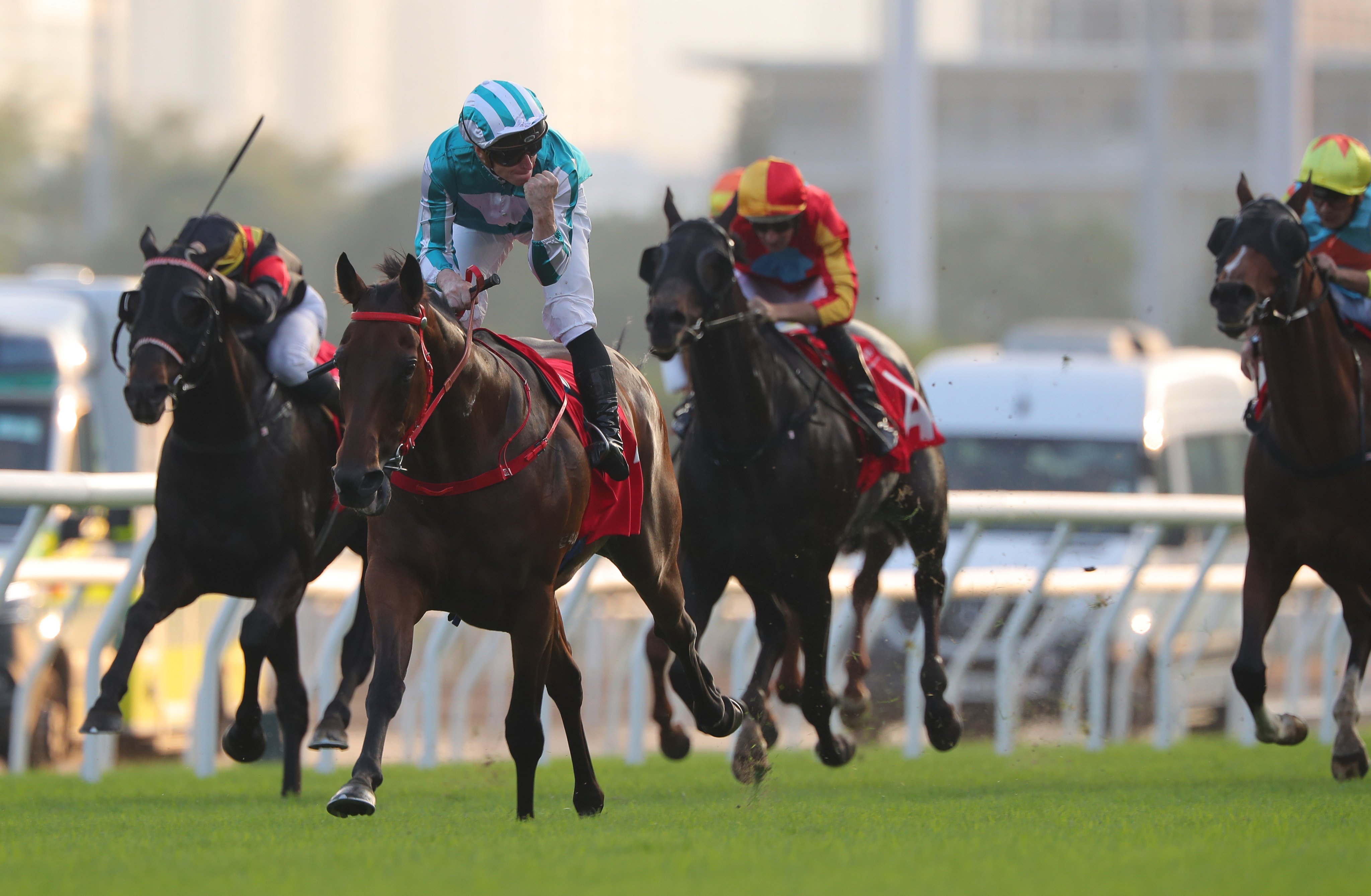 James McDonald pumps his fist as Romantic Warrior easily wins the Jockey Club Cup. Photos: Kenneth Chan