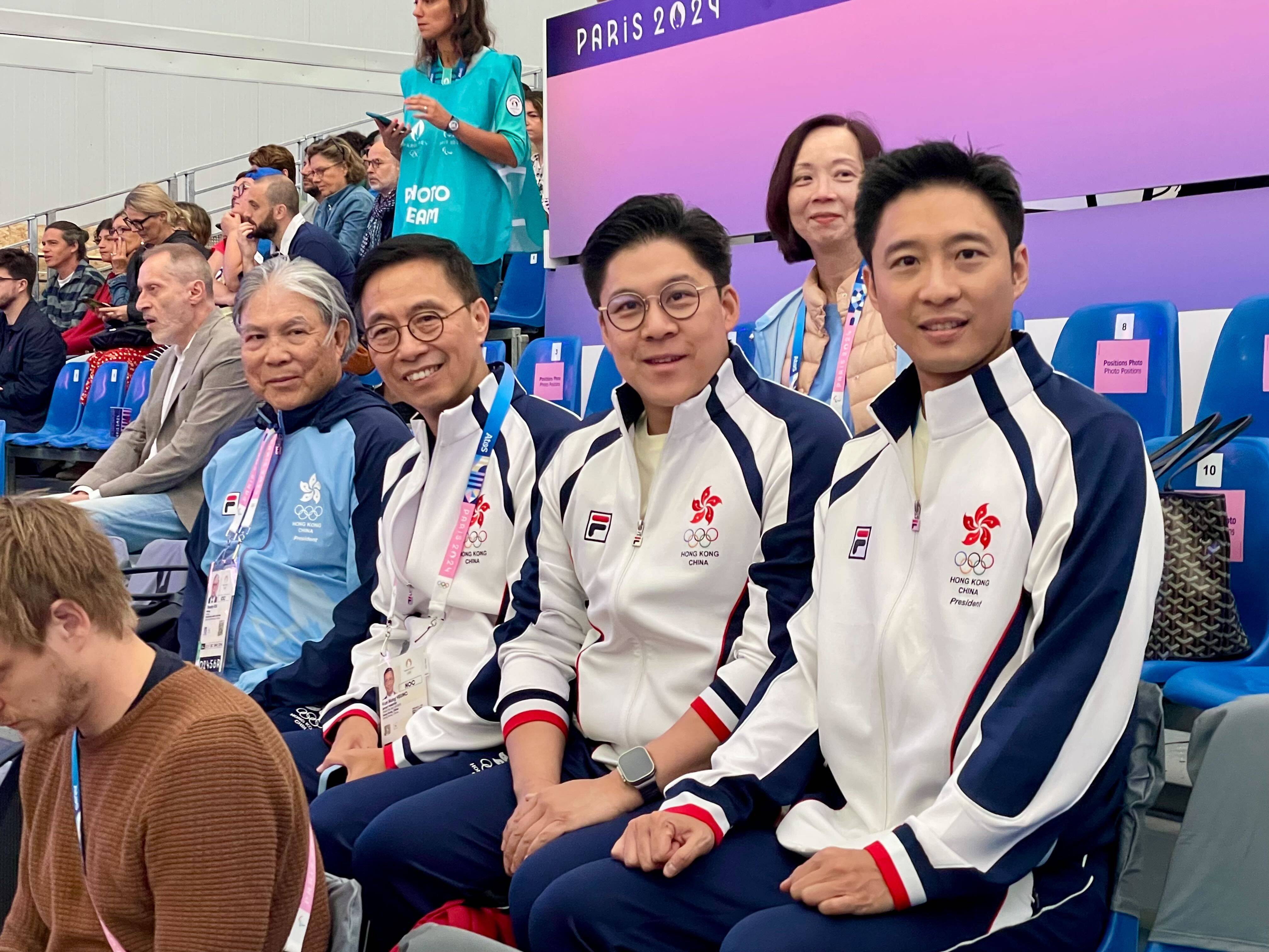 Secretary for Culture, Sports and Tourism Kevin Yeung (second left), alongside Timothy Fok (far left), Kenneth Fok and Eric Fok at the Paris Olympics. Photo: Mike Chan