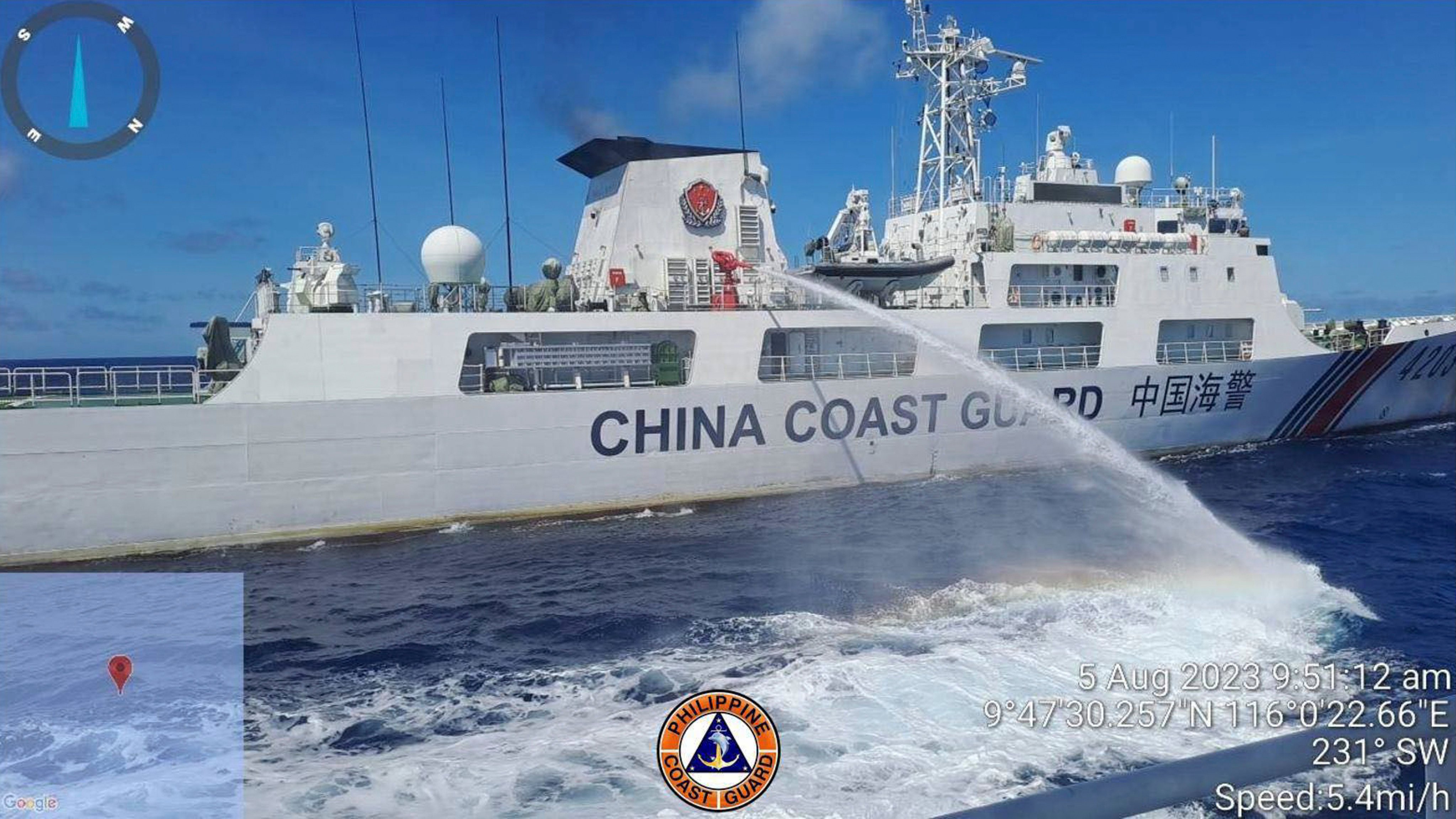 A Chinese ship uses water cannons on a Philippine vessel in the South China Sea in August 2023. Military expert Zhou Bo says that despite frequent clashes between Beijing and Manila, a deadly conflict between the US and China is more likely in the next four years. Photo: Philippine Coast Guard via AP