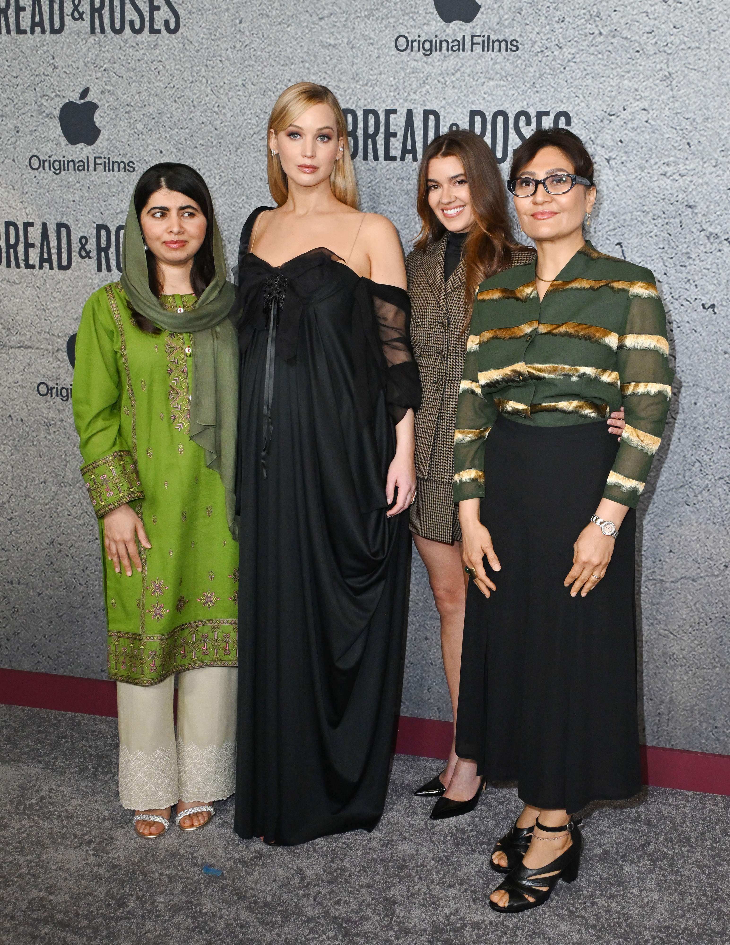 (From left) Bread & Roses producers Malala Yousafzai, Jennifer Lawrence and Justine Ciarrocchi, and director Sahra Mani, attend the Los Angeles premiere of the documentary at the Hammer Museum in Los Angeles on November 14, 2024. Photo: AFP