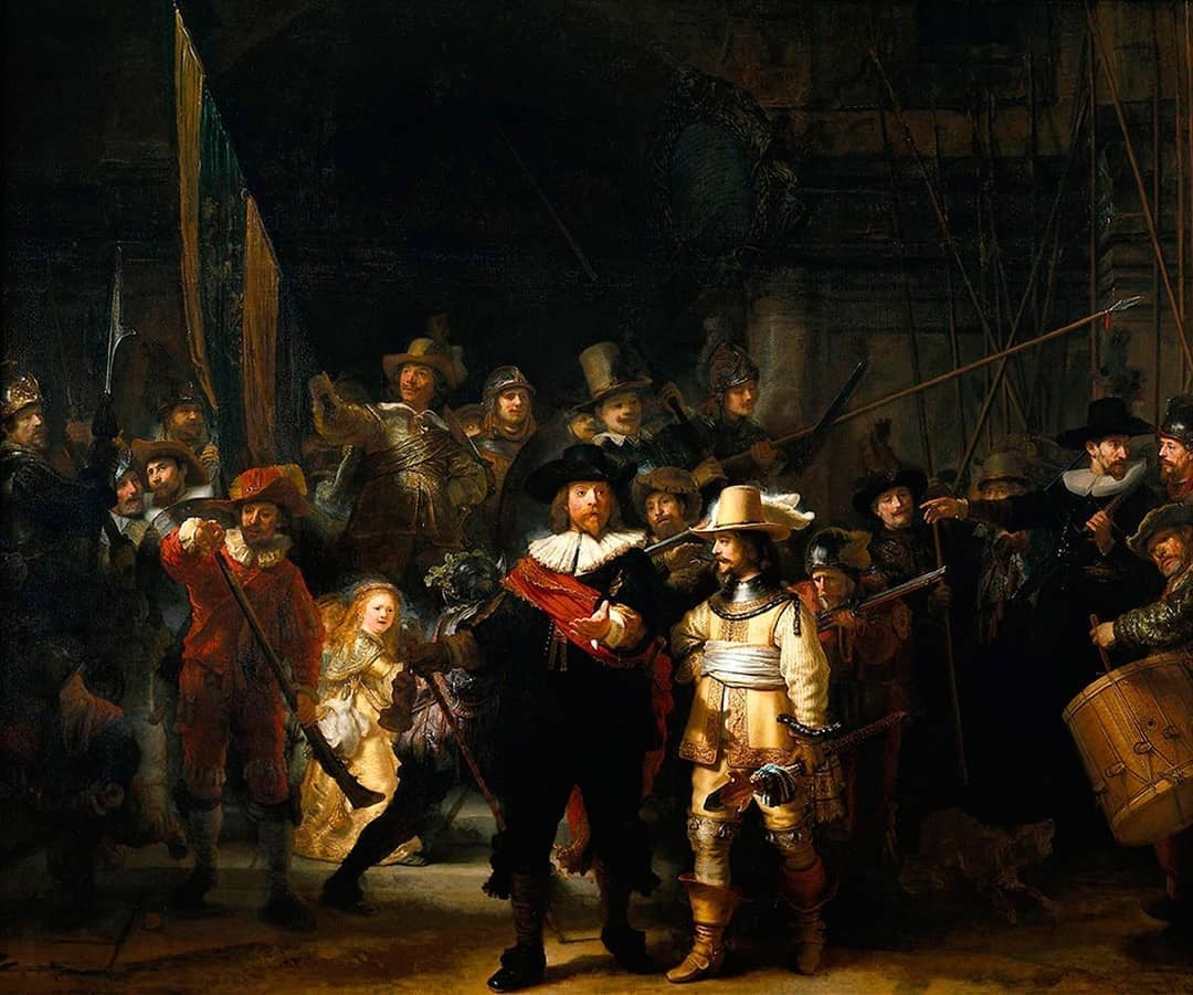 Detail from Rembrandt’s The Night Watch (1642). Restoration on the Dutch masterpiece has begun. Photo: Instagram/@museummeetups