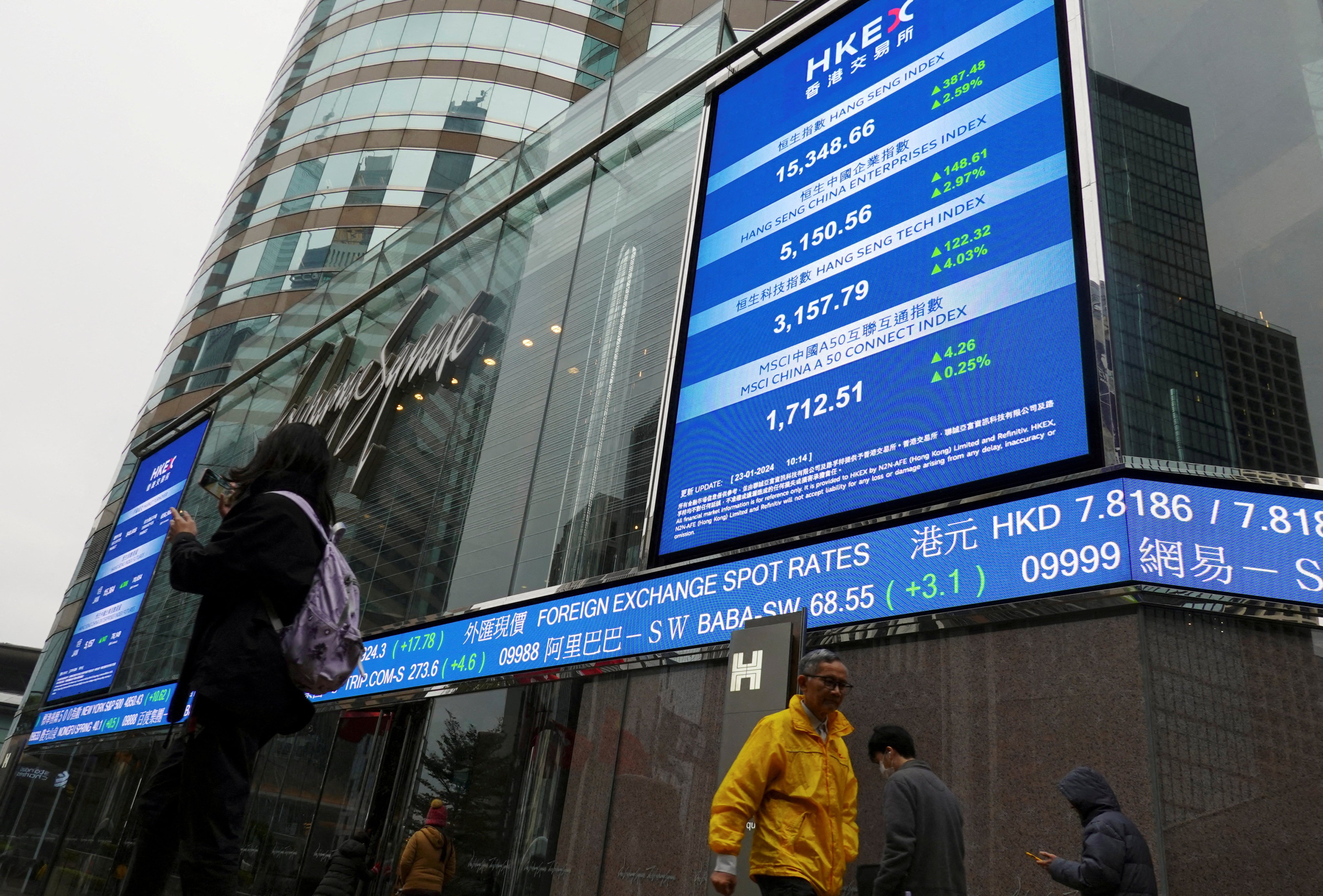 People pass screens displaying stock information outside Exchange Square in Central, Hong Kong, on January 23, 2024. Photo: Reuters