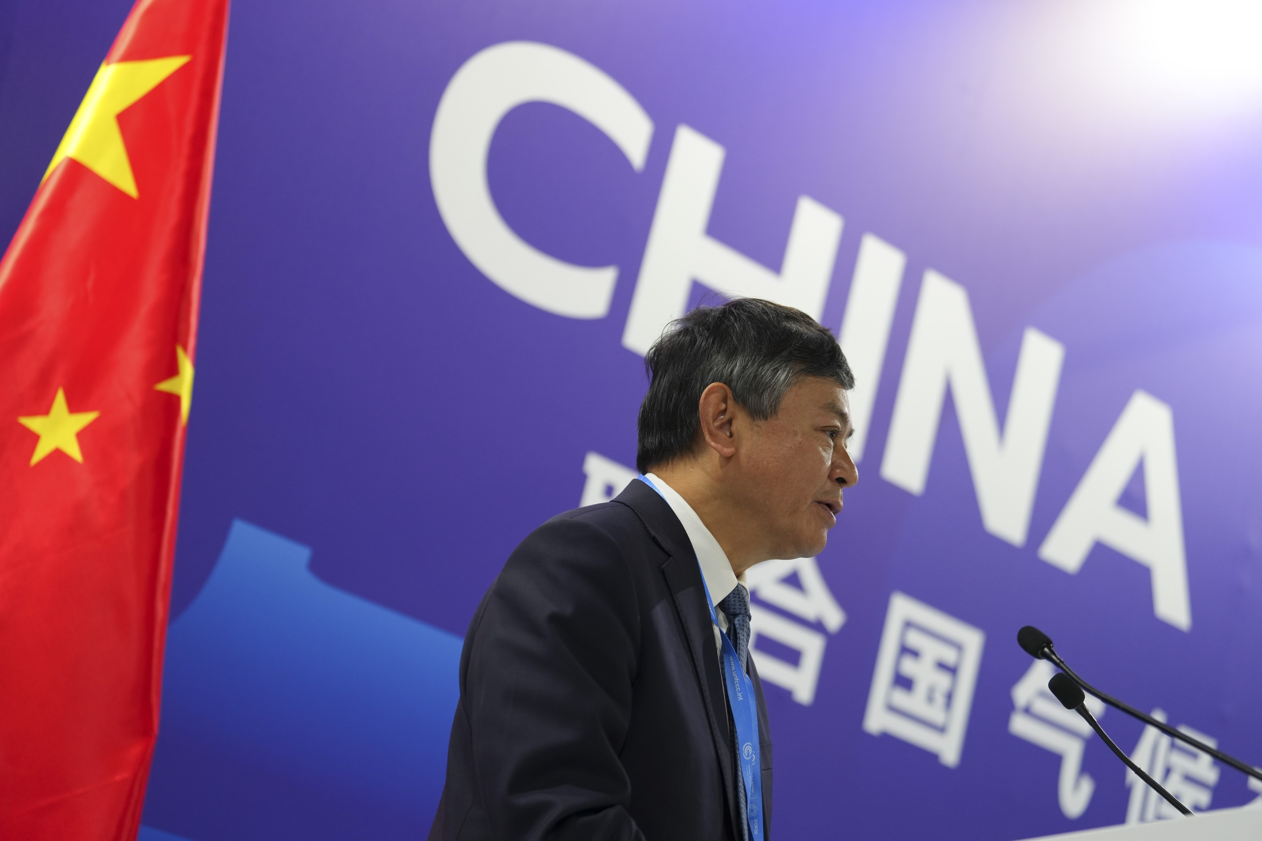 Huang Runqiu, minister of ecology and environment, speaks at a session at the China Pavilion during the Cop29 UN Climate Summit in Baku, Azerbaijan, on November 15. Photo: AP