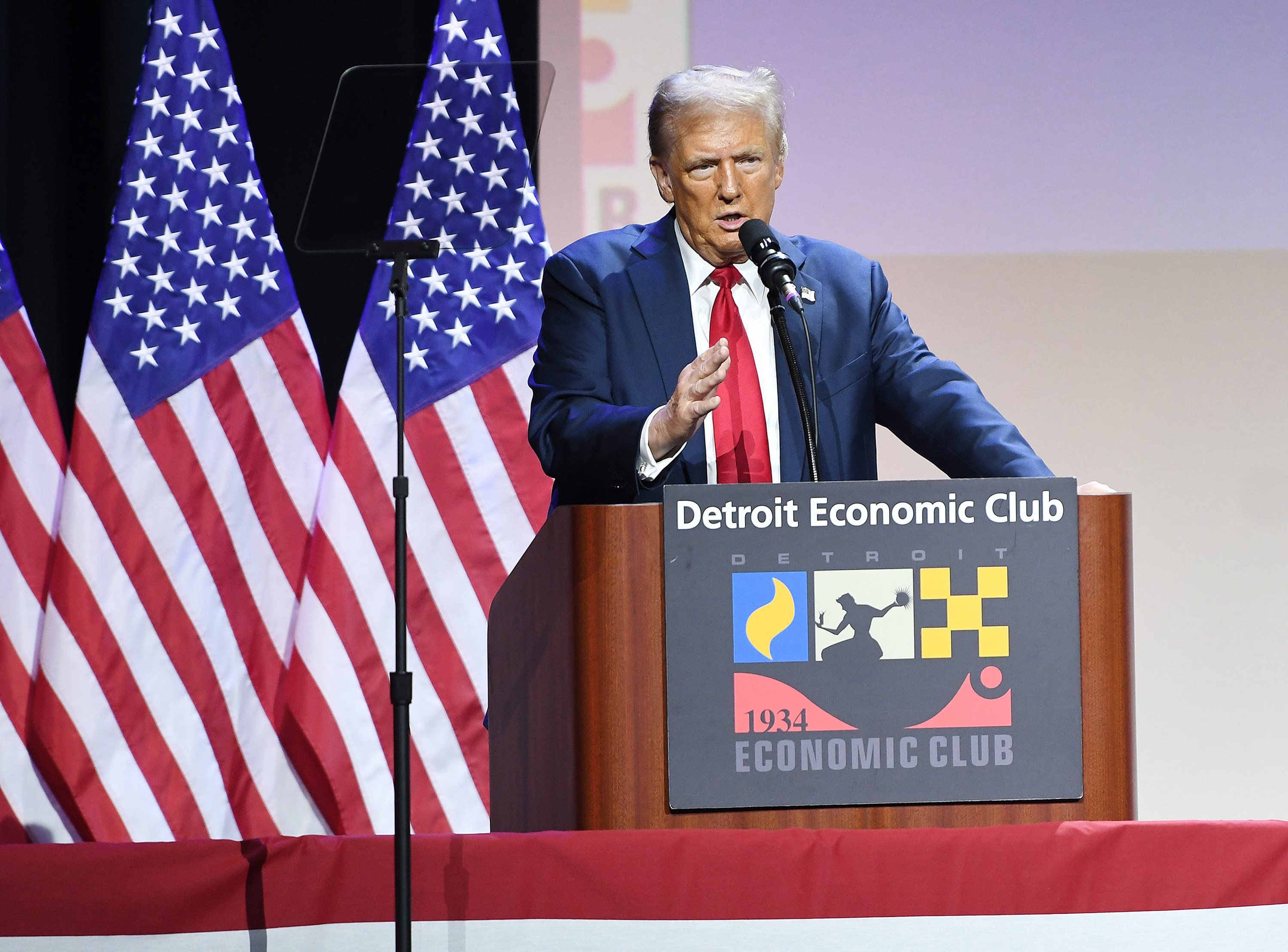 Then Republican presidential candidate Donald Trump touts a plan to revive the US auto industry through aggressive tariffs on foreign imports and other measures during a speech to the Detroit Economic Club On October 10, 2024. Photo: TNS