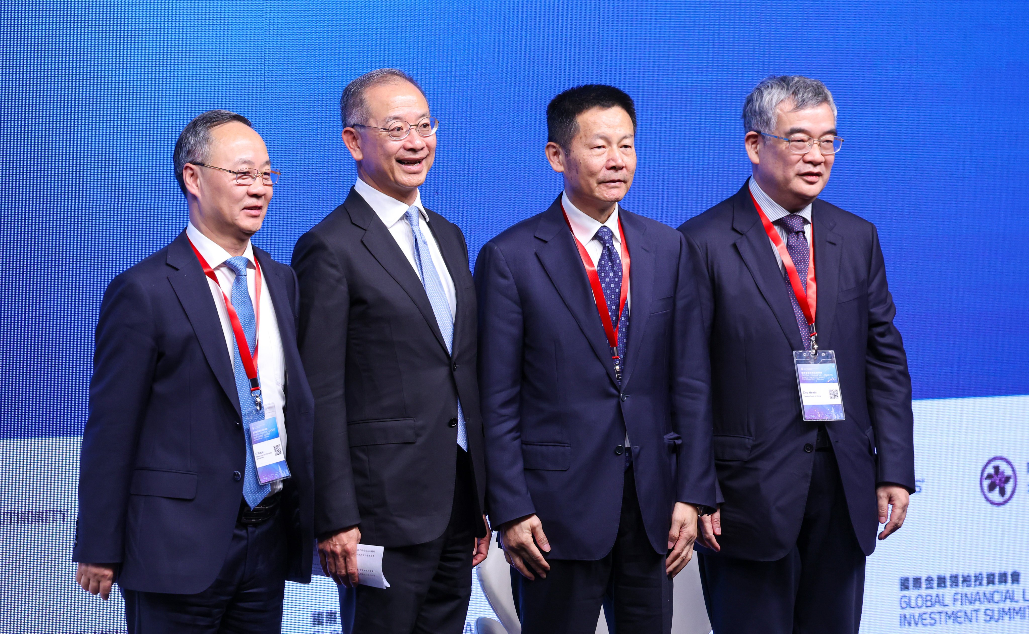 (L to R)Eddie Yue, Chief Executive of Hong Kong Monetary Authority; Li Yunze, Minister, National Financial Regulatory and Administration; Wu Qing, Chairman, China Securities Regulatory Commission; Zhu Hexin, Deputy Governor, People’s Bank of China and Administrator, State Administration of Foreign Exchange; at the Global Financial Leaders’ Investment Summit at the Grand Hyatt hotel in Wan Chai on 19 November 2024. Photo: Dickson Lee