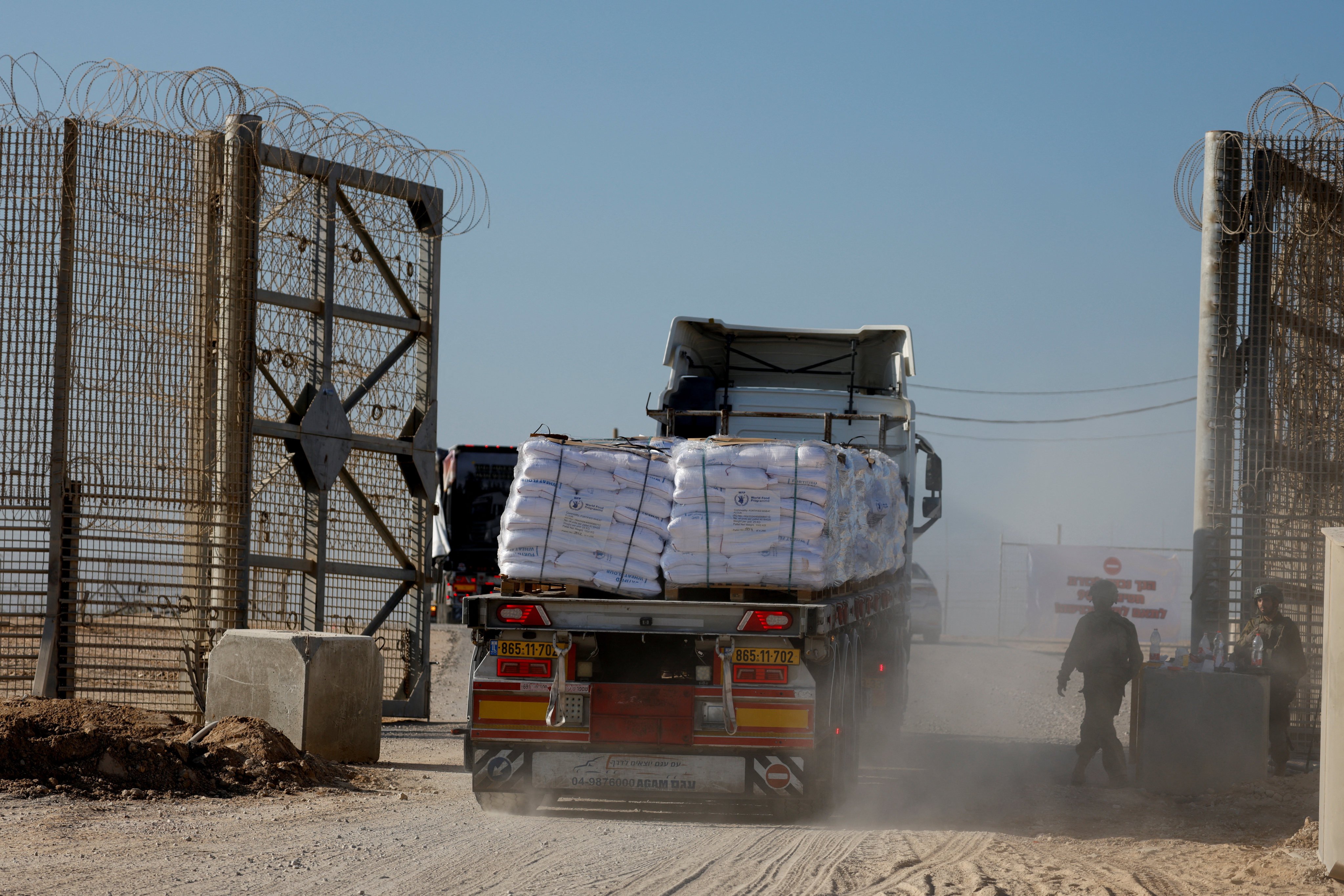 A truck carrying Gaza humanitarian aid, at the Kerem Shalom crossing in southern Israel. Photo: Reuters