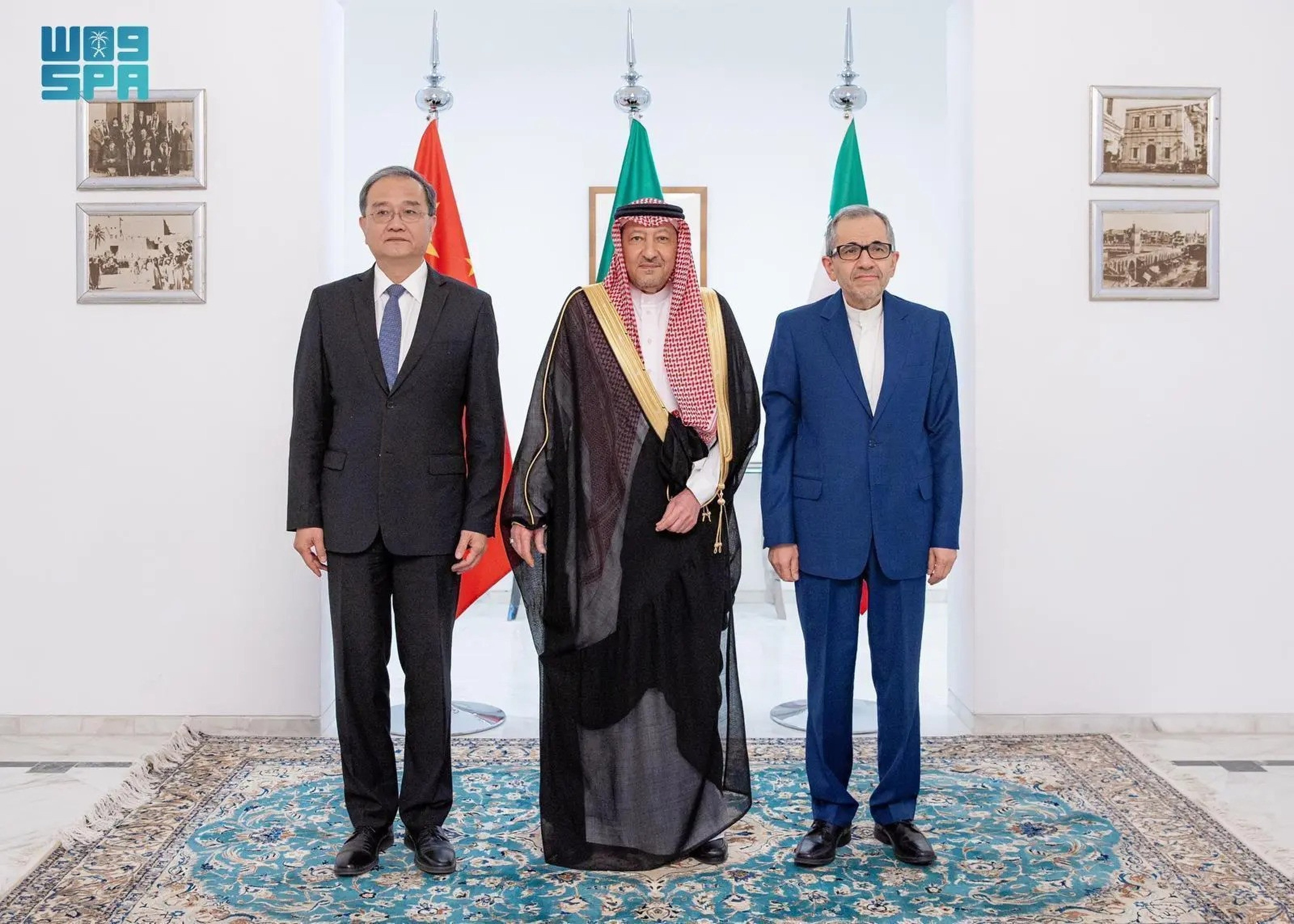 Saudi Arabia’s deputy foreign minister Waleed bin Abdulkarim El-Khereiji (centre) with his Chinese and Iranian counterparts, Deng Li (left) and Majid Takht-Ravanchi (right) in Riyadh on Tuesday. Photo: SPA