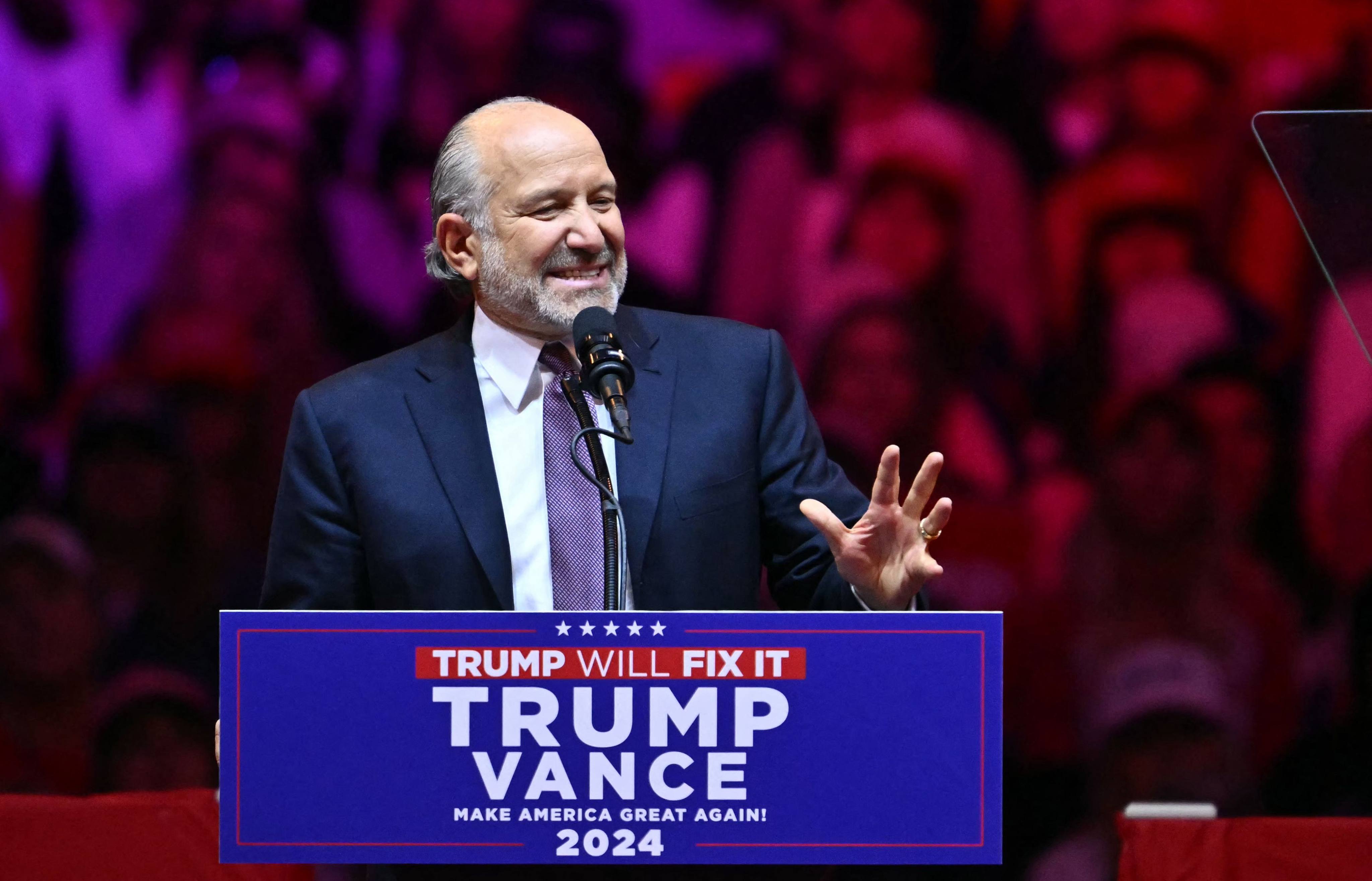 Howard Lutnick, chairman and CEO of Cantor Fitzgerald, speaks at a rally for Donald Trump at Madison Square Garden in New York on October 27, 2024. Photo: AFP