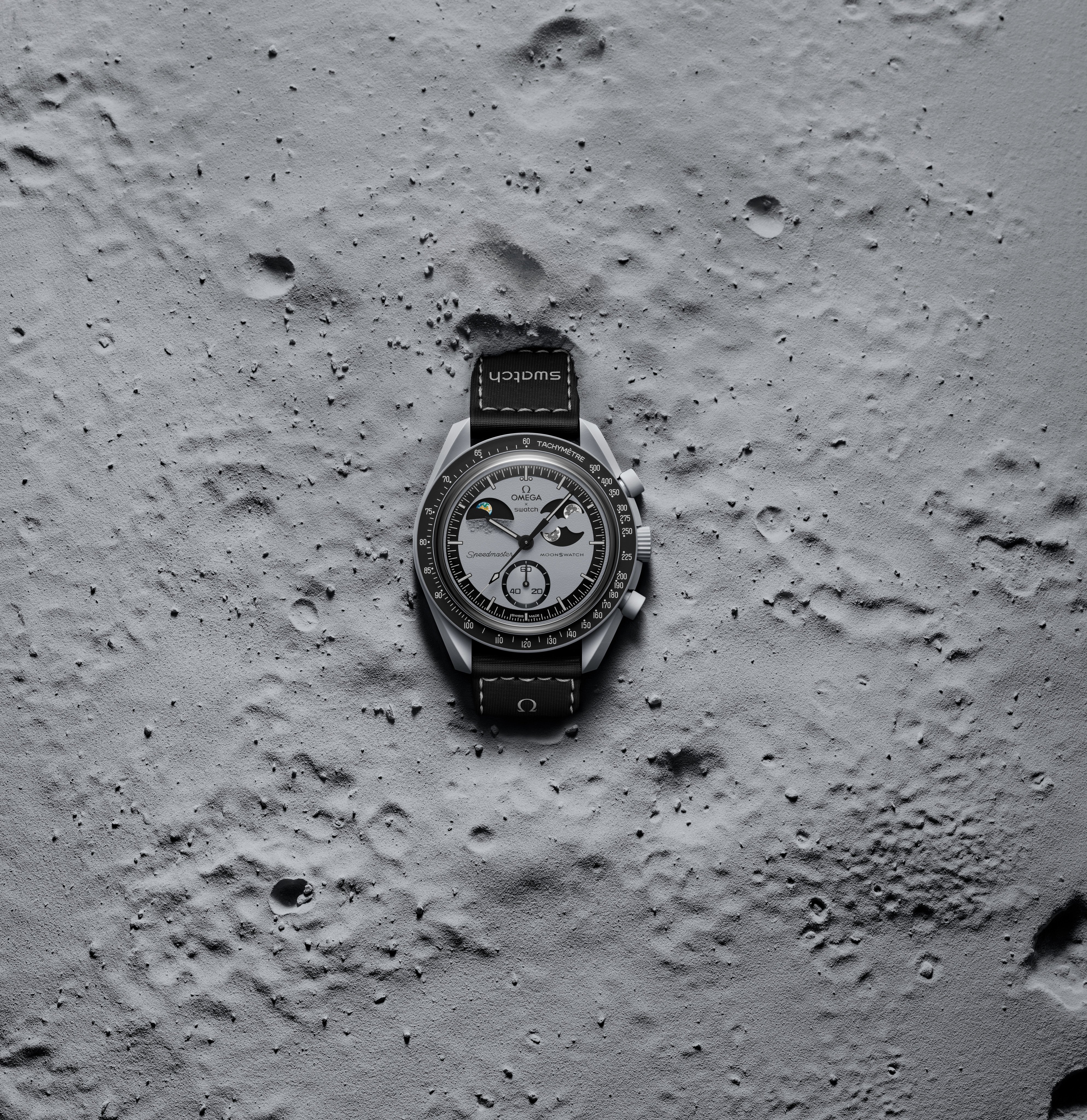 The Mission To Earthphase watch from the Swatch x Omega Bioceramic MoonSwatch collection features a first. Photo: Handout