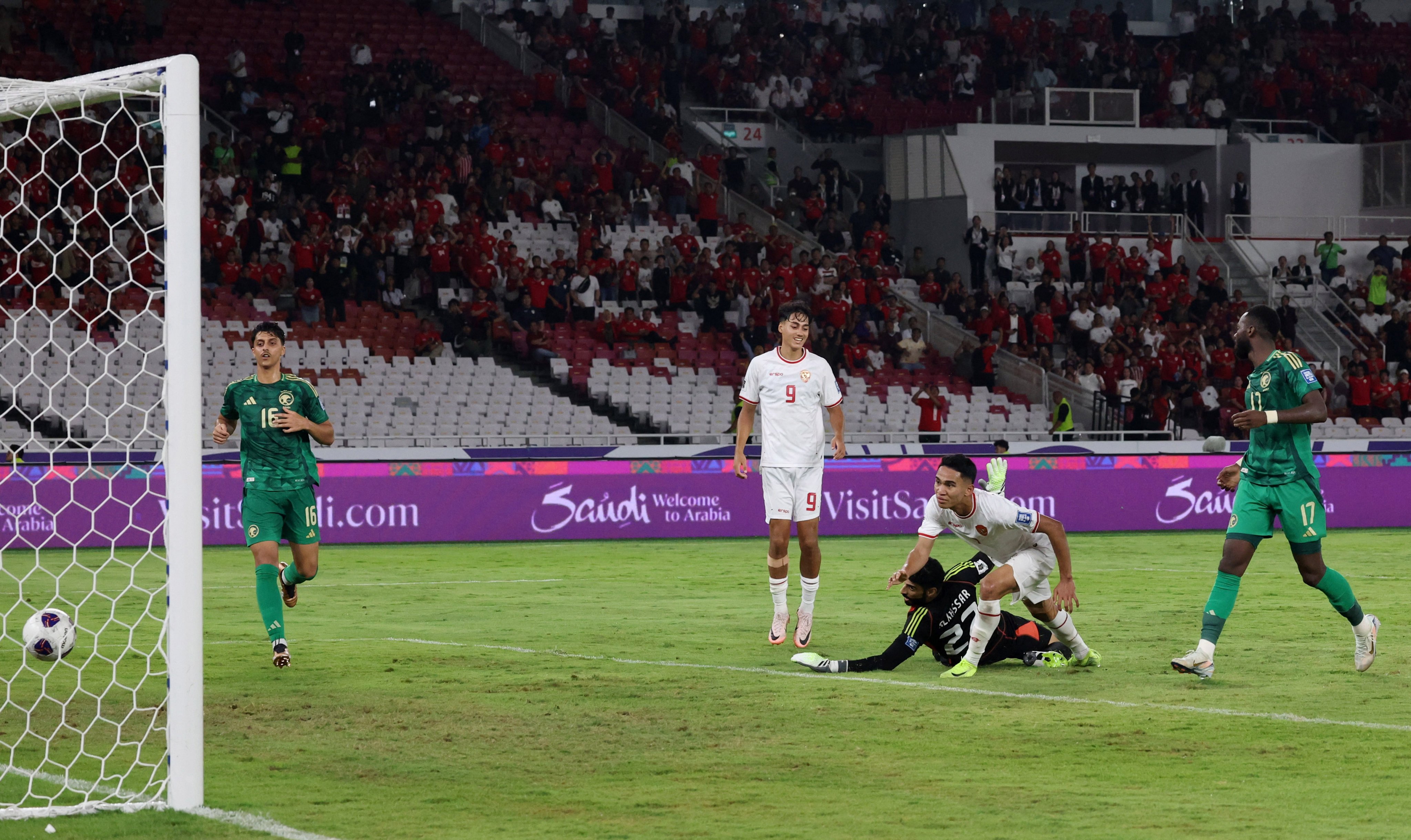 Indonesia’s Marselino Ferdinan (second from right) scores his team’s second goal in their shock 2-0 win over Saudi Arabia on Tuesday. Photo: Reuters