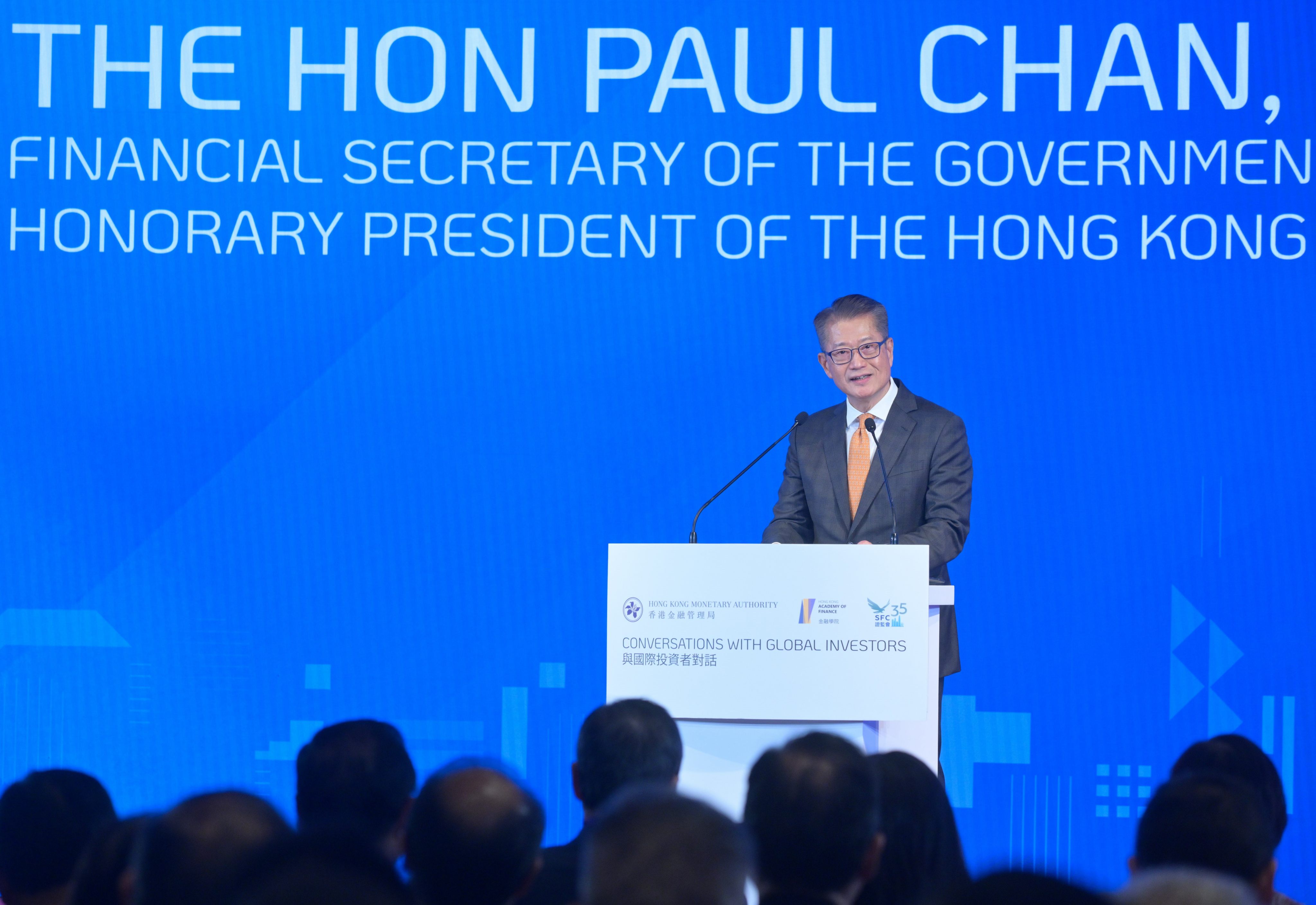 Financial Secretary Paul Chan delivers his keynote speech at the Global Financial Leaders’ Investment Summit on Wednesday. Photo: Handout from ISD