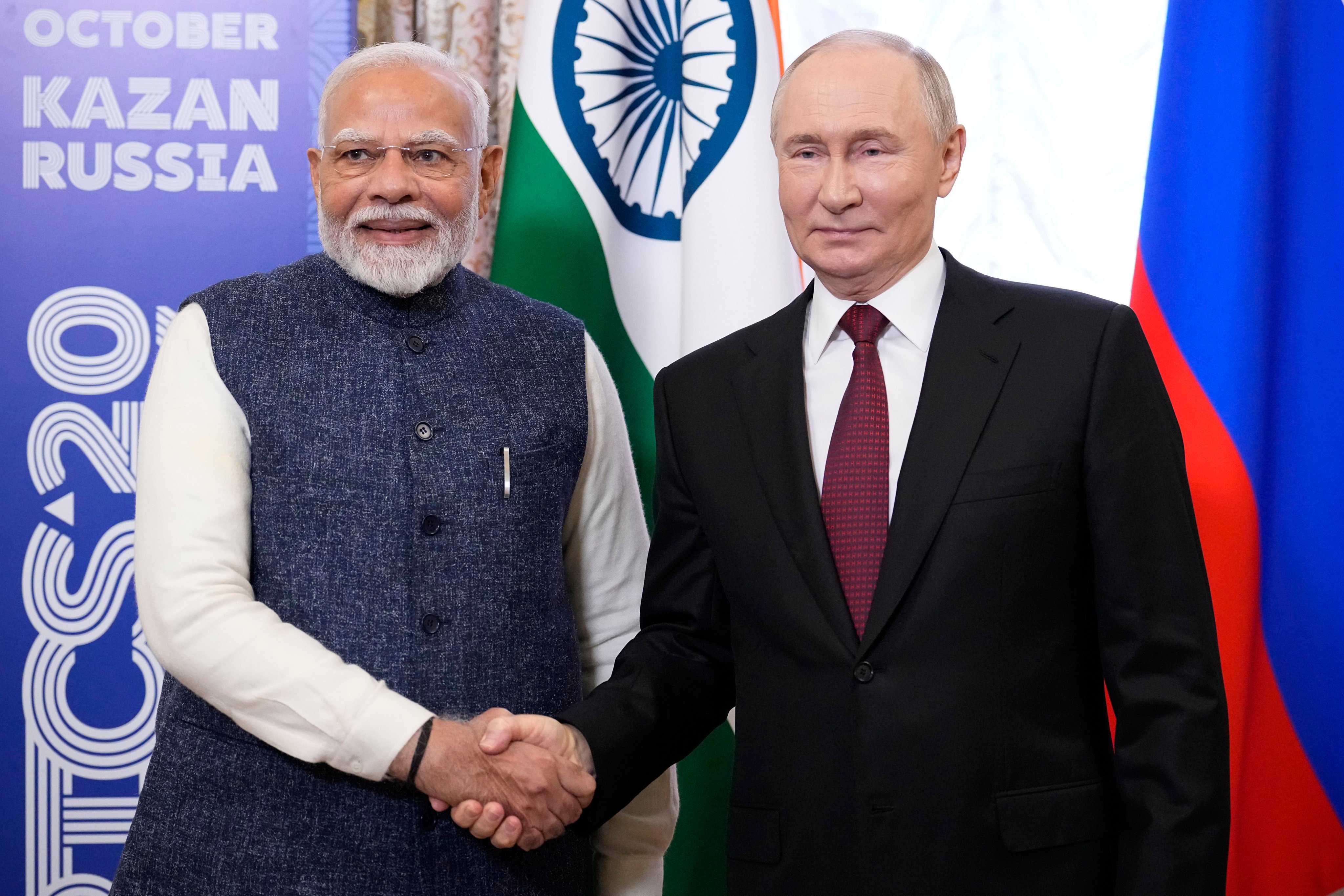 Russian President Vladimir Putin shakes hands with Indian Prime Minister Narendra Modi at last month’s Brics summit. Photo: AP