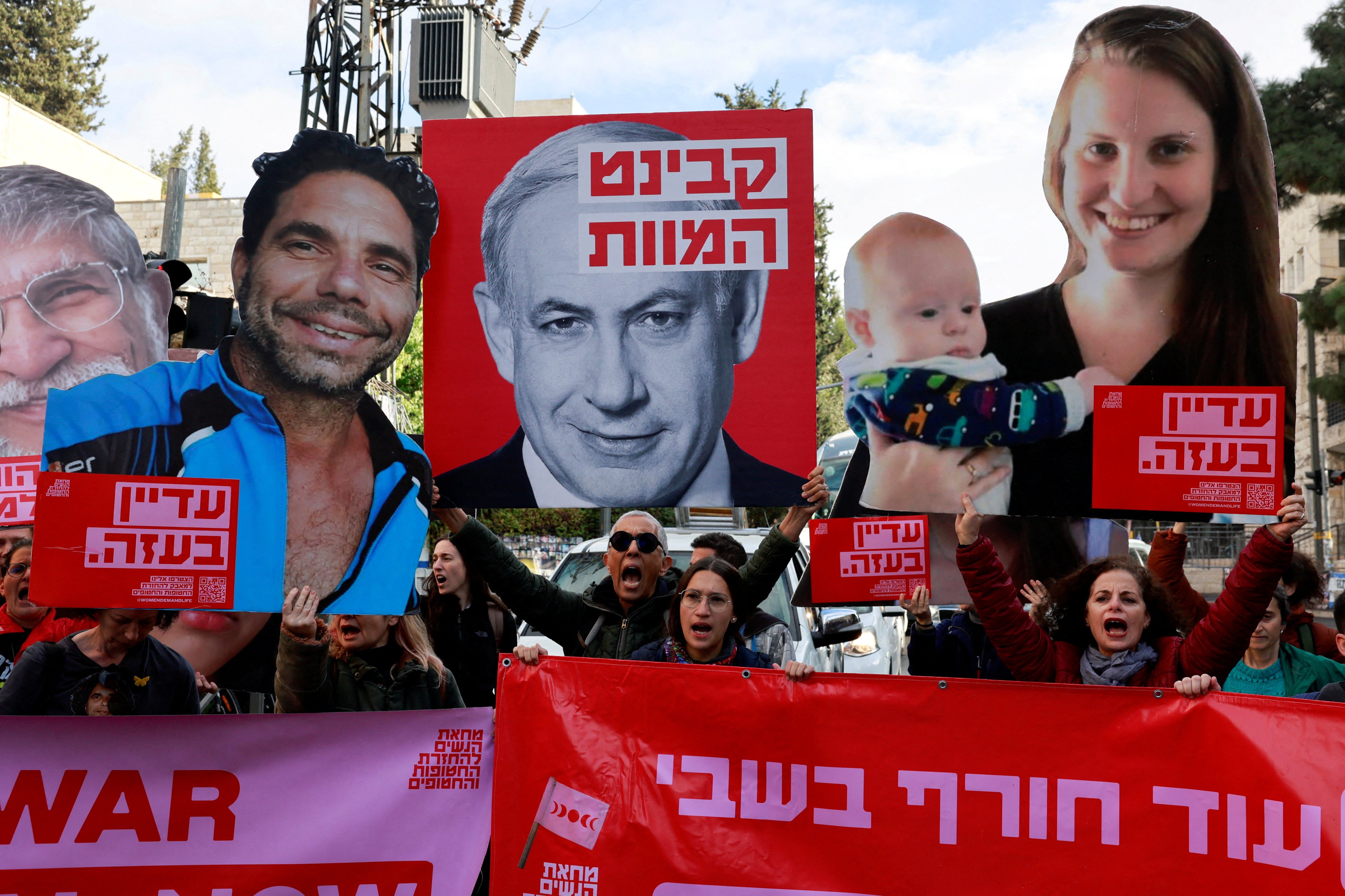 Families and supporters of hostages kidnapped during the deadly October 7 attack by Hamas, protest in Jerusalem on Monday. Photo: Reuters