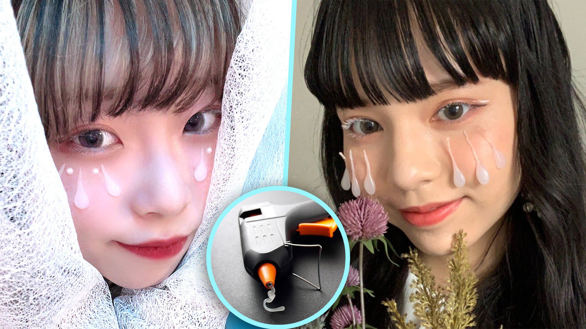 Japan’s latest make-up trend, popular among teenage girls, involves using hot melted glue to create droplet shapes that mimic tears. Photo: SCMP composite/Shutterstock/IG@_griiiiz/X.com