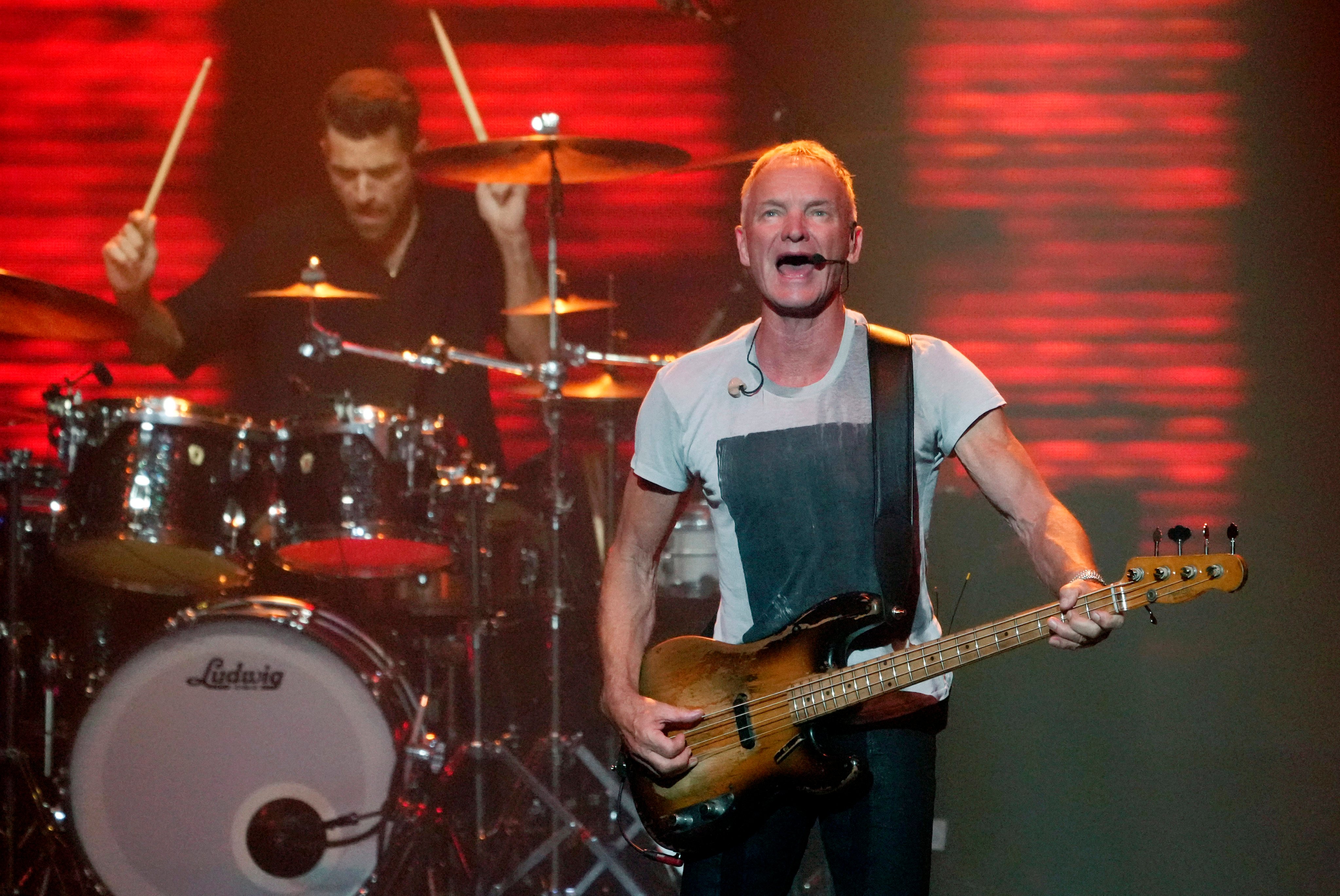 Sting performs with drummer Chris Maas during his Sting 3.0 tour at The Wiltern, in Los Angeles. Photo: AP Photo/Chris Pizzello